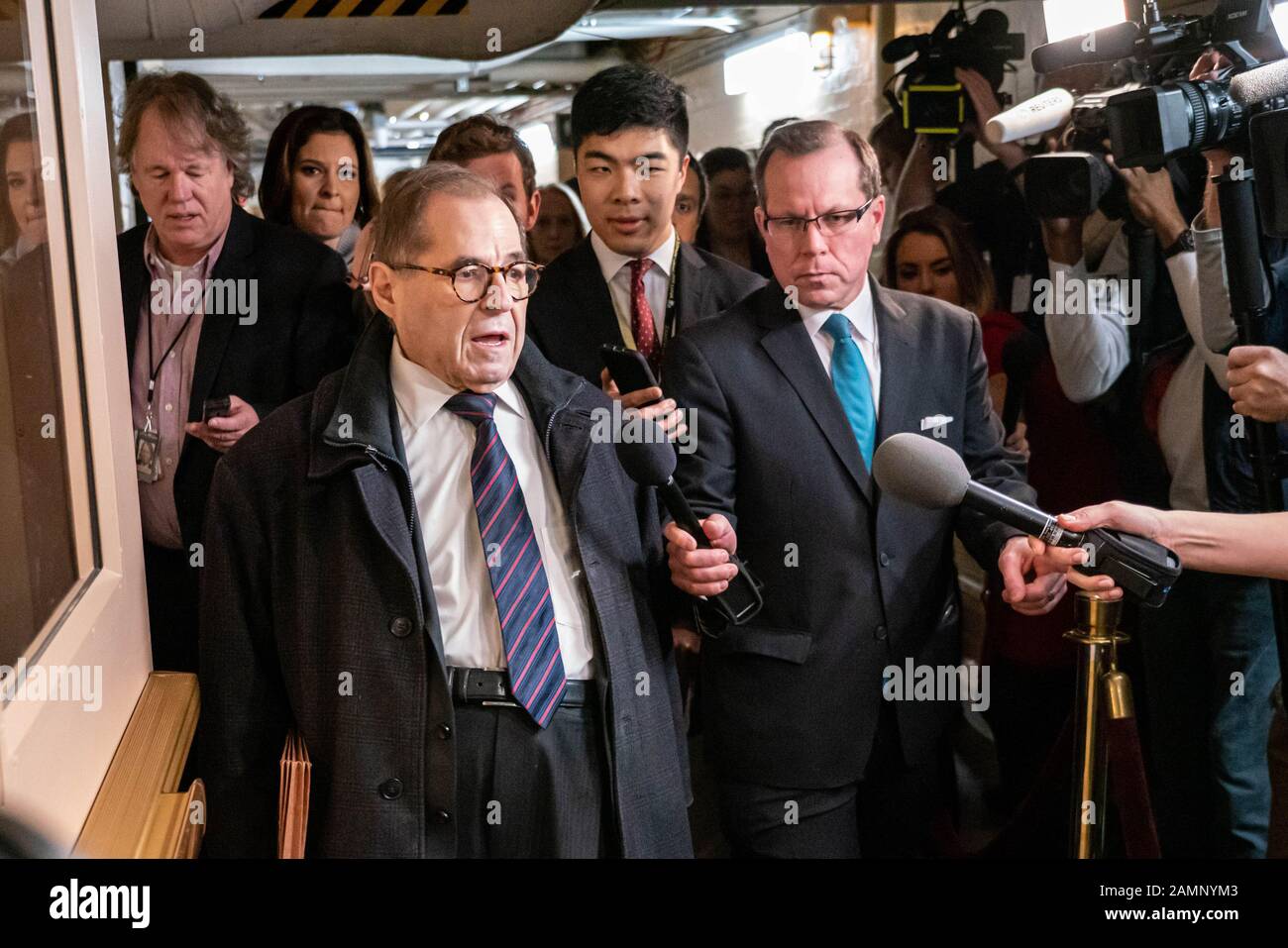 Washington, United States. 14th Jan, 2020. House Judiciary Committee Chairman Jerrold Nadler (D-NY) makes his way to a Democratic closed caucus meeting to meet with Speaker of the United States House of Representatives Nancy Pelosi (D-CA) and others on Capitol Hill in Washington, DC on Tuesday, January 14, 2020. Photo by Ken Cedeno/UPI Credit: UPI/Alamy Live News Stock Photo