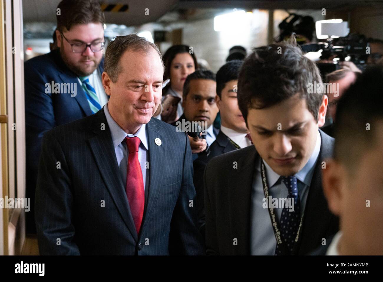 Washington, United States. 14th Jan, 2020. Committee Chairman Rep. Adam Schiff (D-CA) makes his way to a Democratic closed caucus meeting to meet with Speaker of the United States House of Representatives Nancy Pelosi (D-CA) and others on Capitol Hill in Washington, DC on Tuesday, January 14, 2020. Photo by Ken Cedeno/UPI. Credit: UPI/Alamy Live News Stock Photo