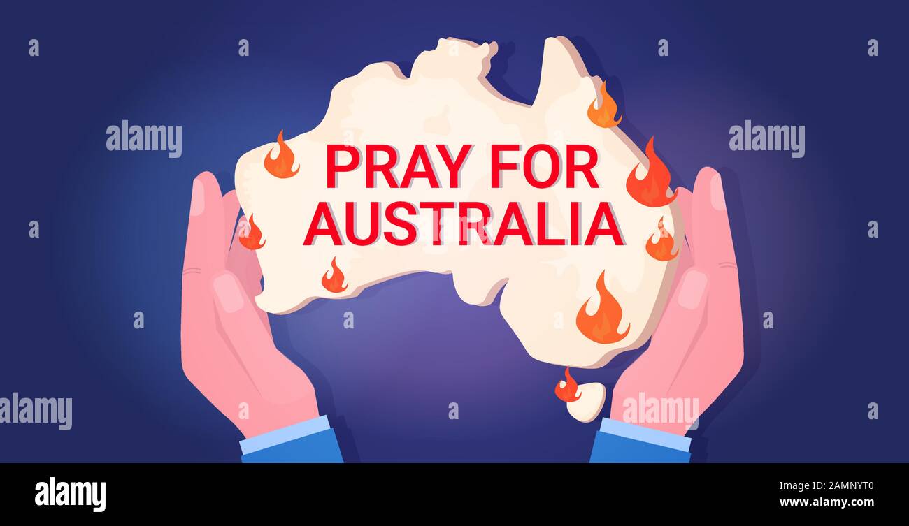 hands holding Australia map forest fires wildfire bushfire natural disaster pray for Australia concept horizontal vector illustration Stock Vector