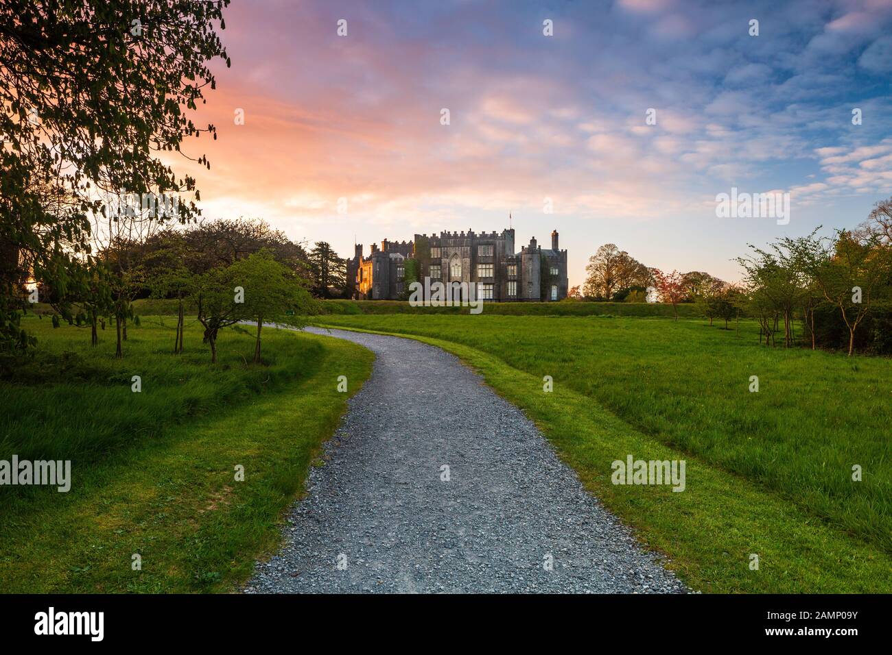 Birr Castle, Birr, County Offaly, Ireland, basking in April dawn sunlight. Stock Photo