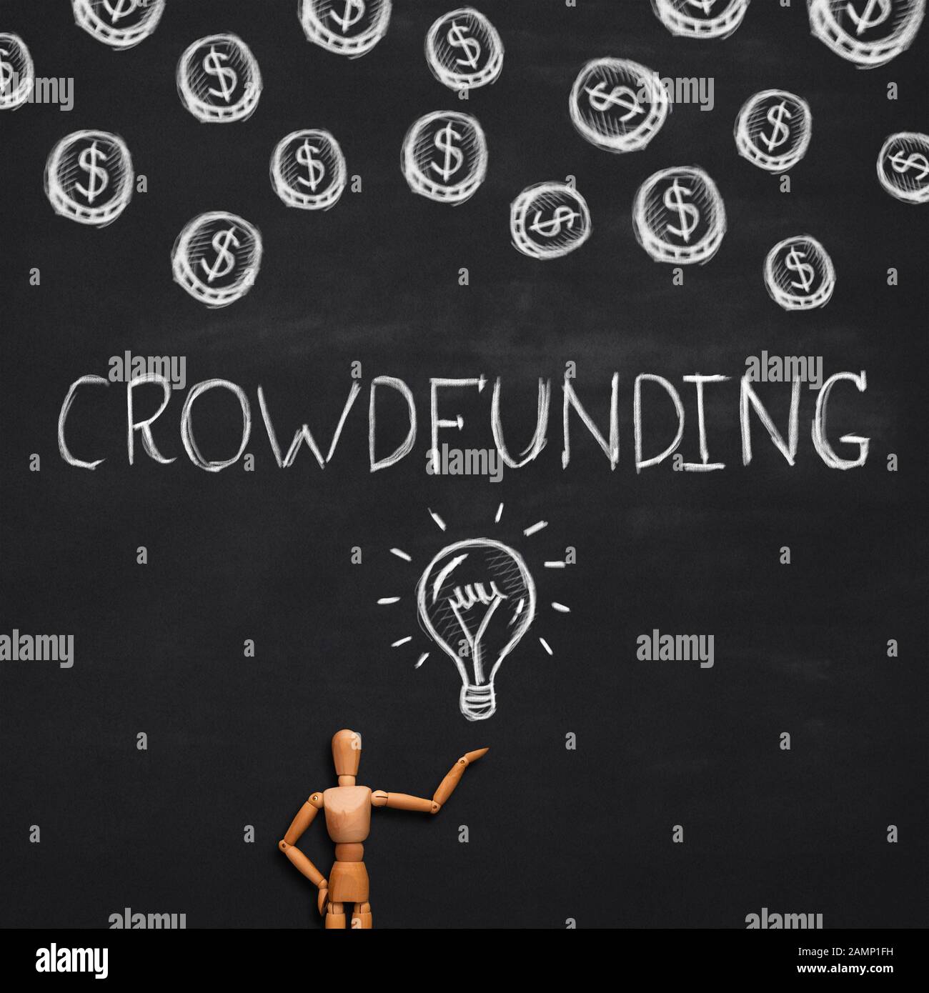 Crowdfunding lettering with dollar signs, wooden man holding light bulb Stock Photo