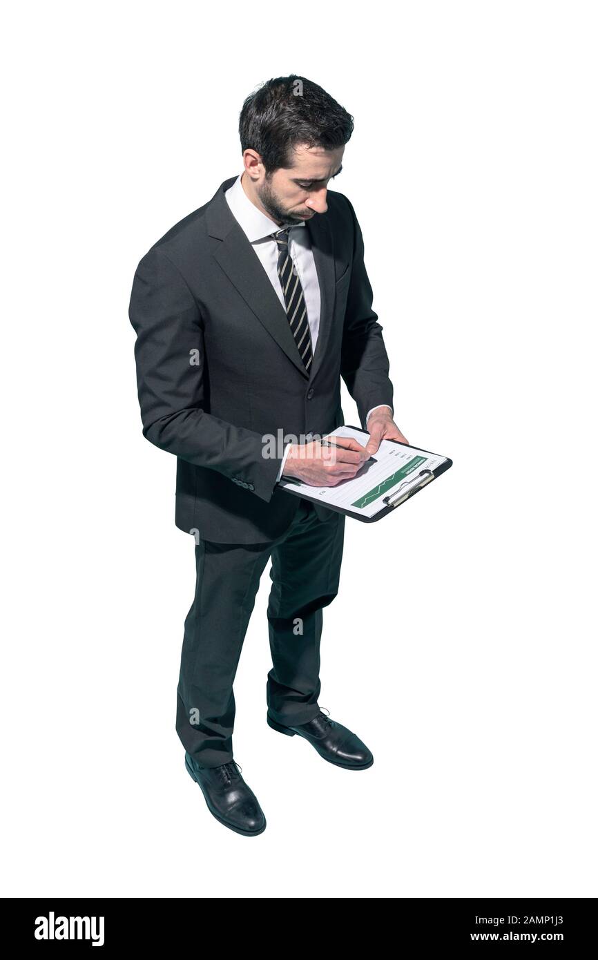 Corporate businessman writing a financial report on white background Stock Photo