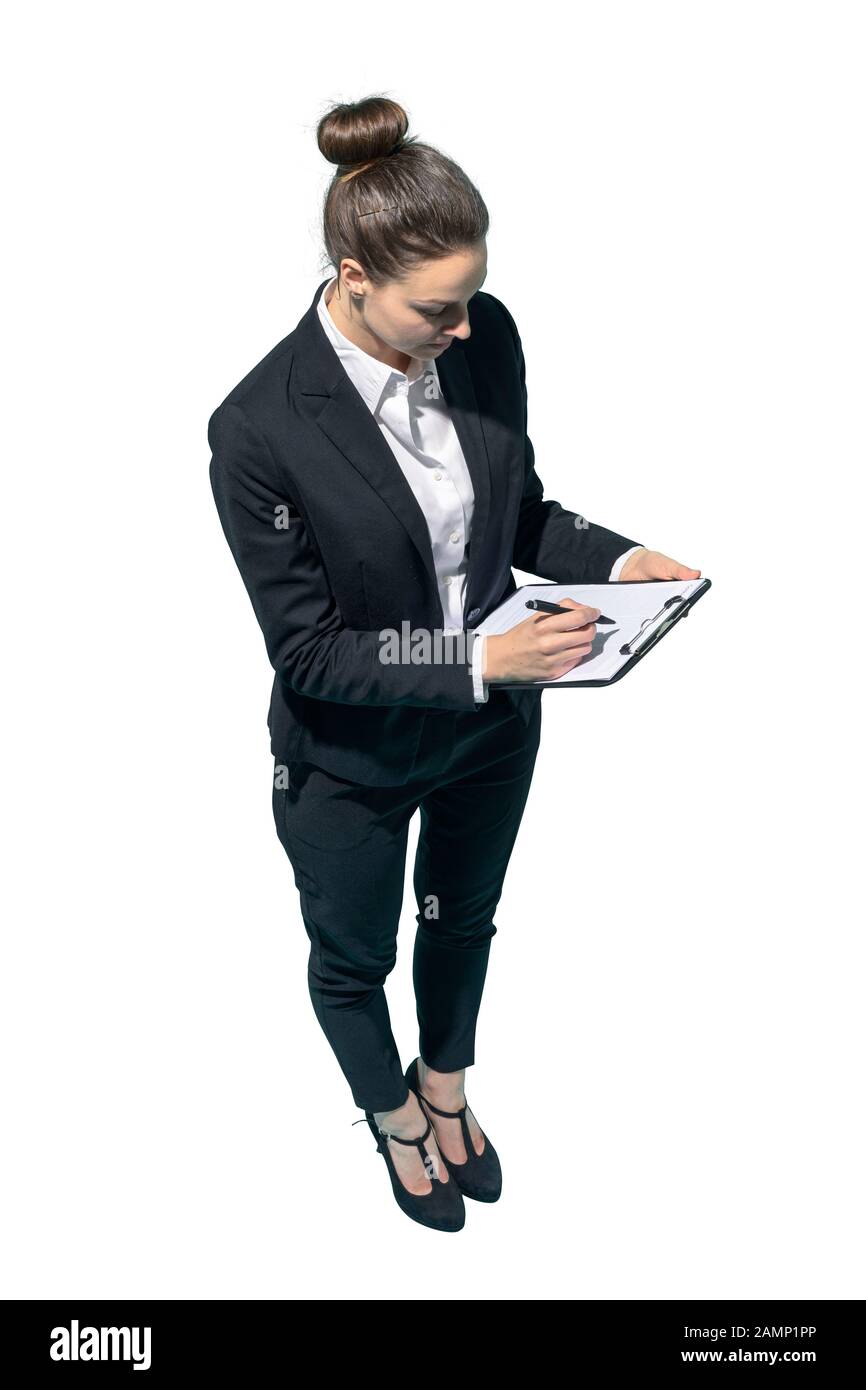 Corporate businesswoman checking a financial report on white background Stock Photo