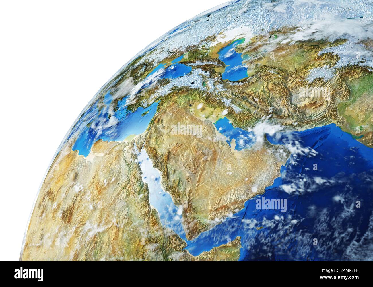 Earth globe close- up of the Middle East area. Very detailed and Photo realistic. With clouds. (Original maps provided by NASA.) Stock Photo