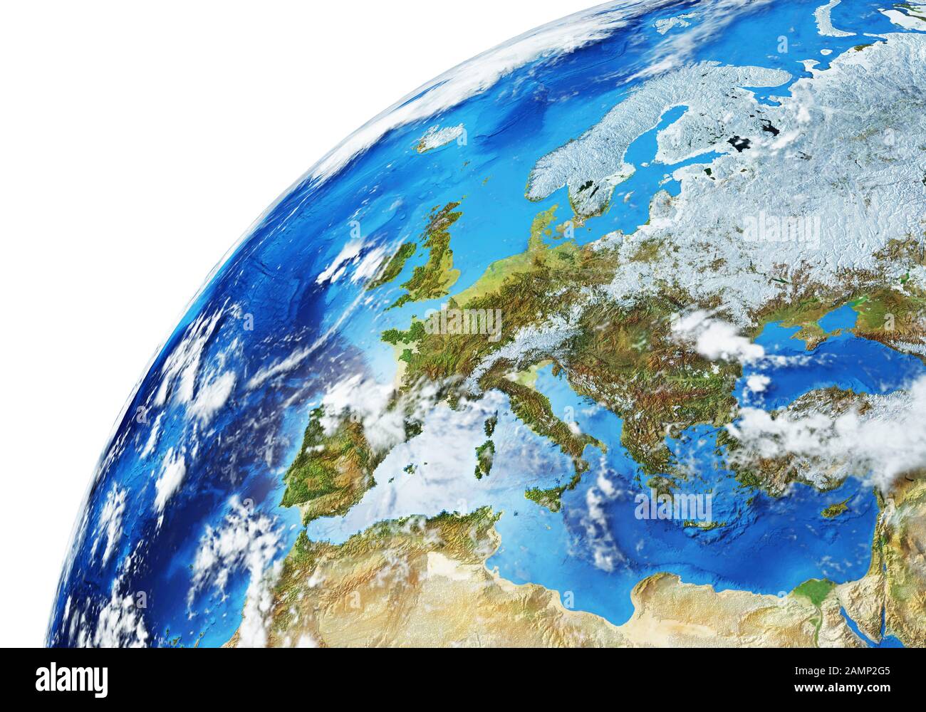 Earth globe close- up of the Europe area. Very detailed and Photo realistic. With clouds. (Original maps provided by NASA.) Stock Photo