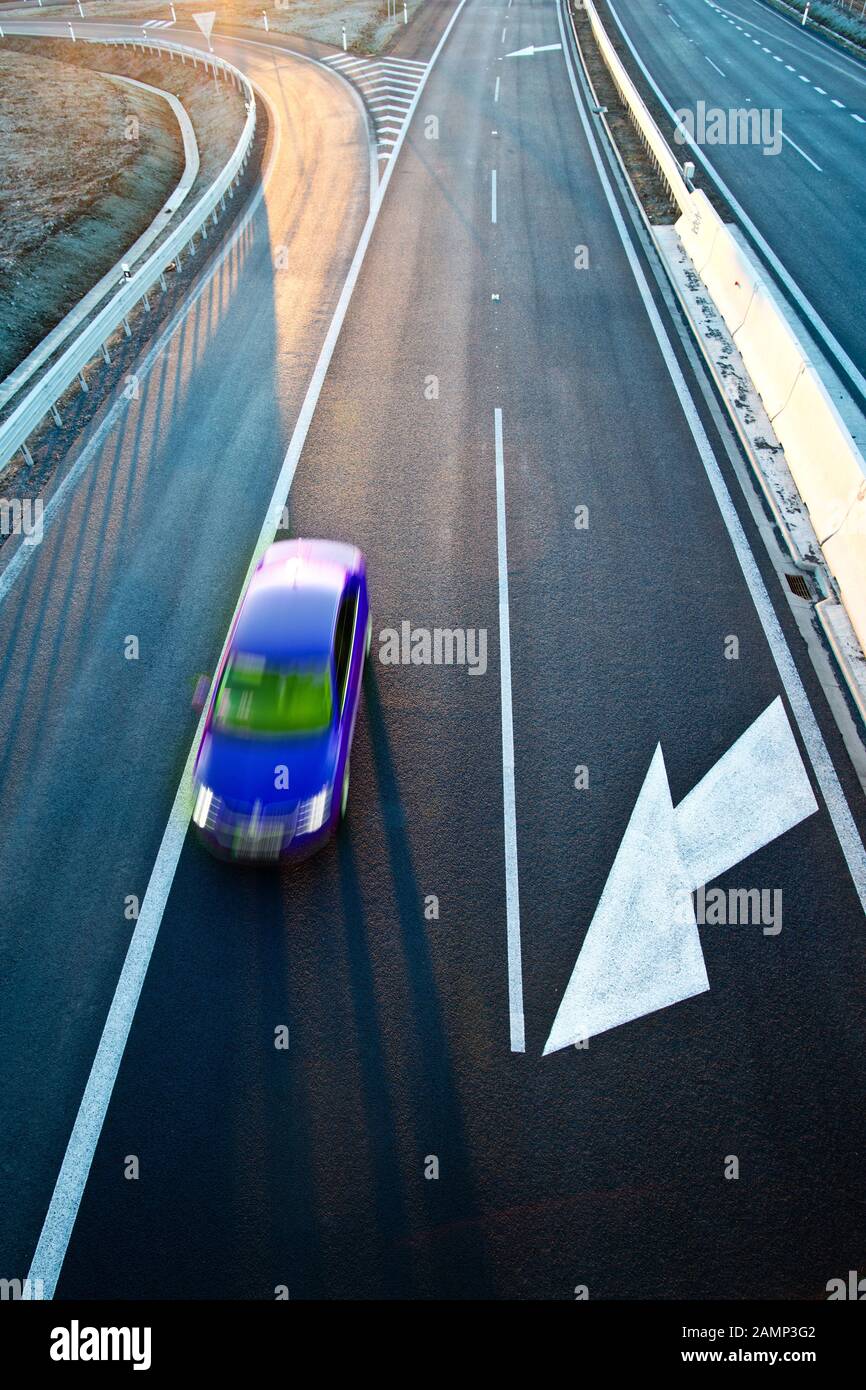 Lonely car on the road. View from above. Stock Photo