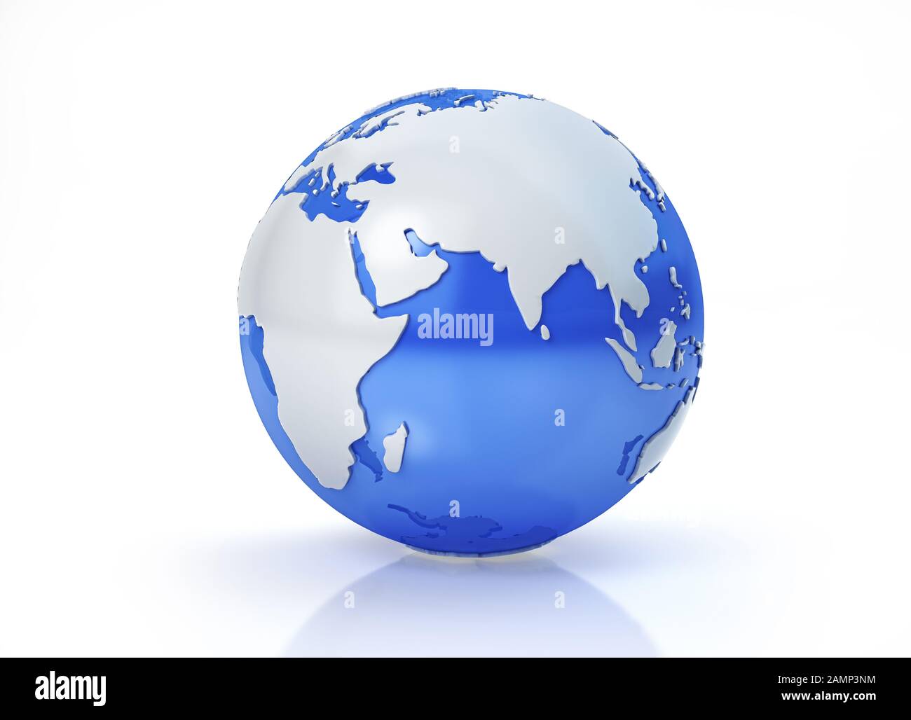 Earth globe stylized. Grey continents in relief. With transparent seas to reveal continents on the other side. On white background. Asia view. Stock Photo