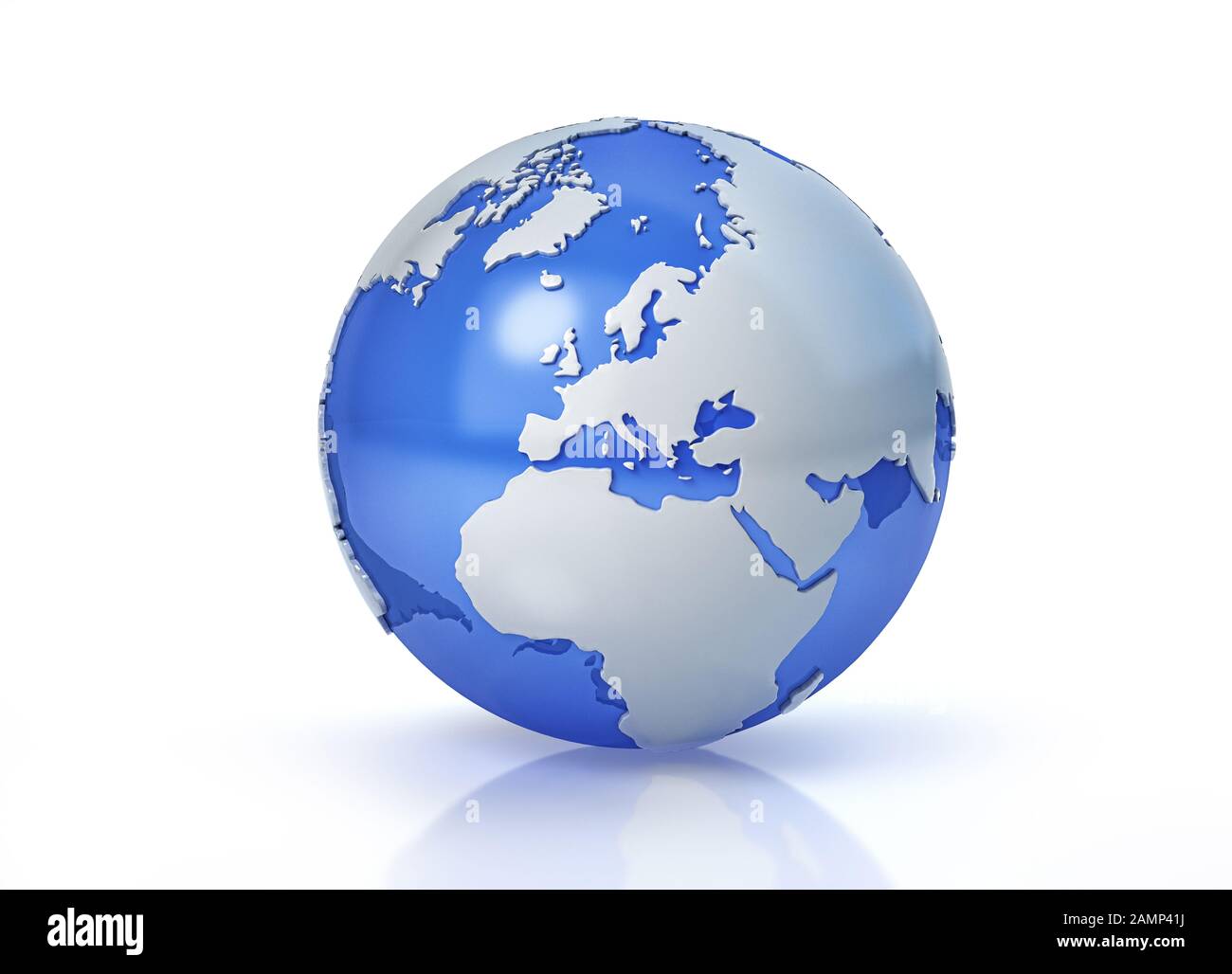 Earth globe stylized. Grey continents in relief. With transparent seas to reveal continents on the other side. On white background. Europe view. Stock Photo