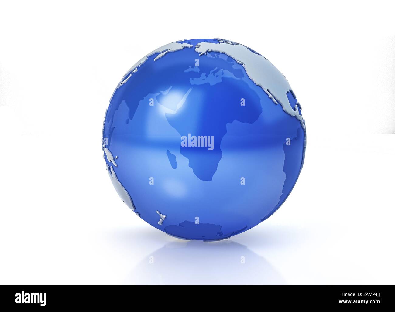 Earth globe stylized. Grey continents in relief. With transparent seas to reveal continents on the other side. On white background. Pacific view. Stock Photo