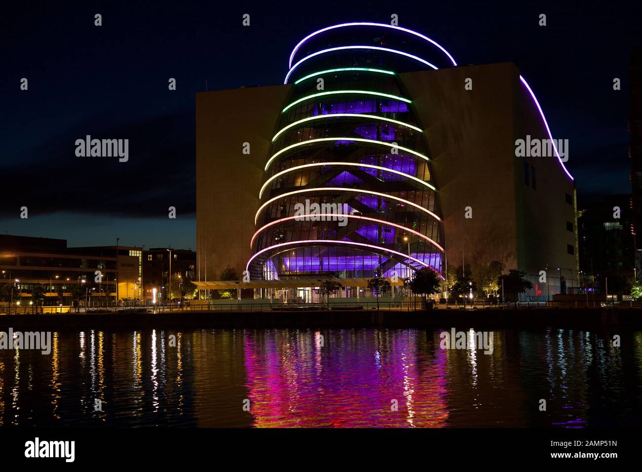 The Convention Centre in Dublin, Ireland lit up in rainbow colours. Stock Photo