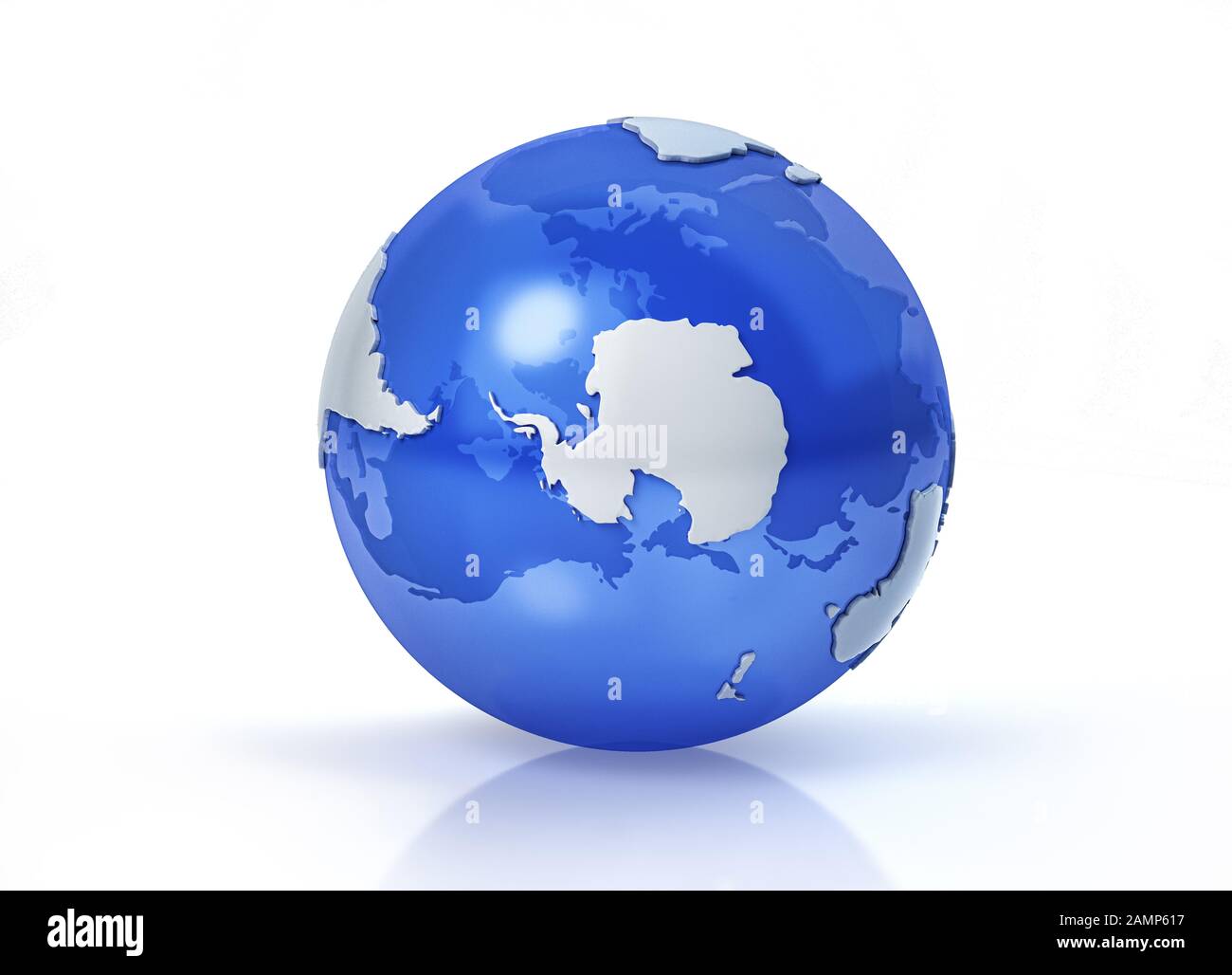 Earth globe stylized. Grey continents in relief. With transparent seas to reveal continents on the other side. On white background. South Pole view. Stock Photo