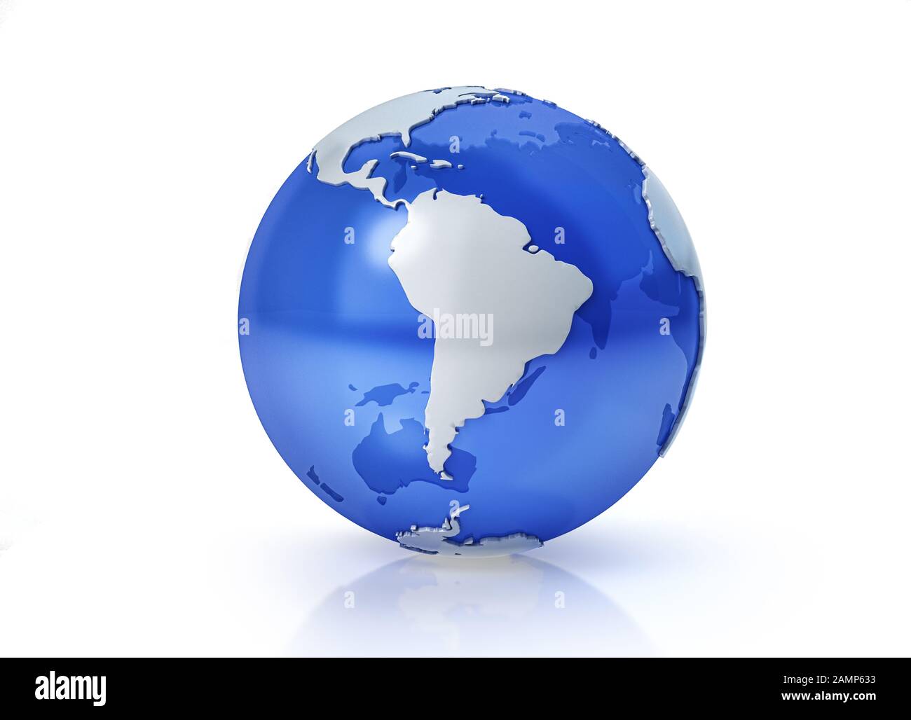 Earth globe stylized. Grey continents in relief. With transparent seas to reveal continents on the other side. On white background. South America view Stock Photo
