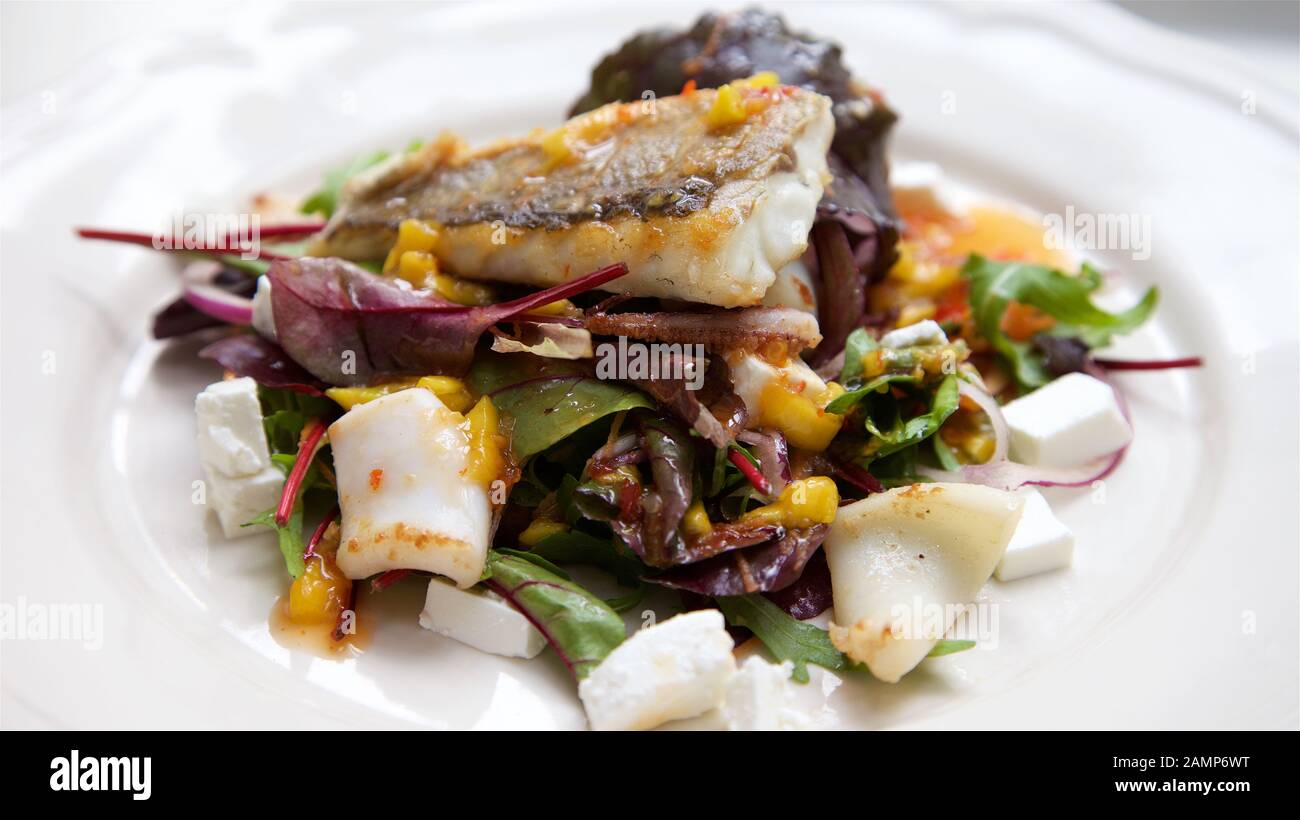 A restaurant main course dish of sea bass and calamari with mixed salad leaves and feta cheese. Stock Photo