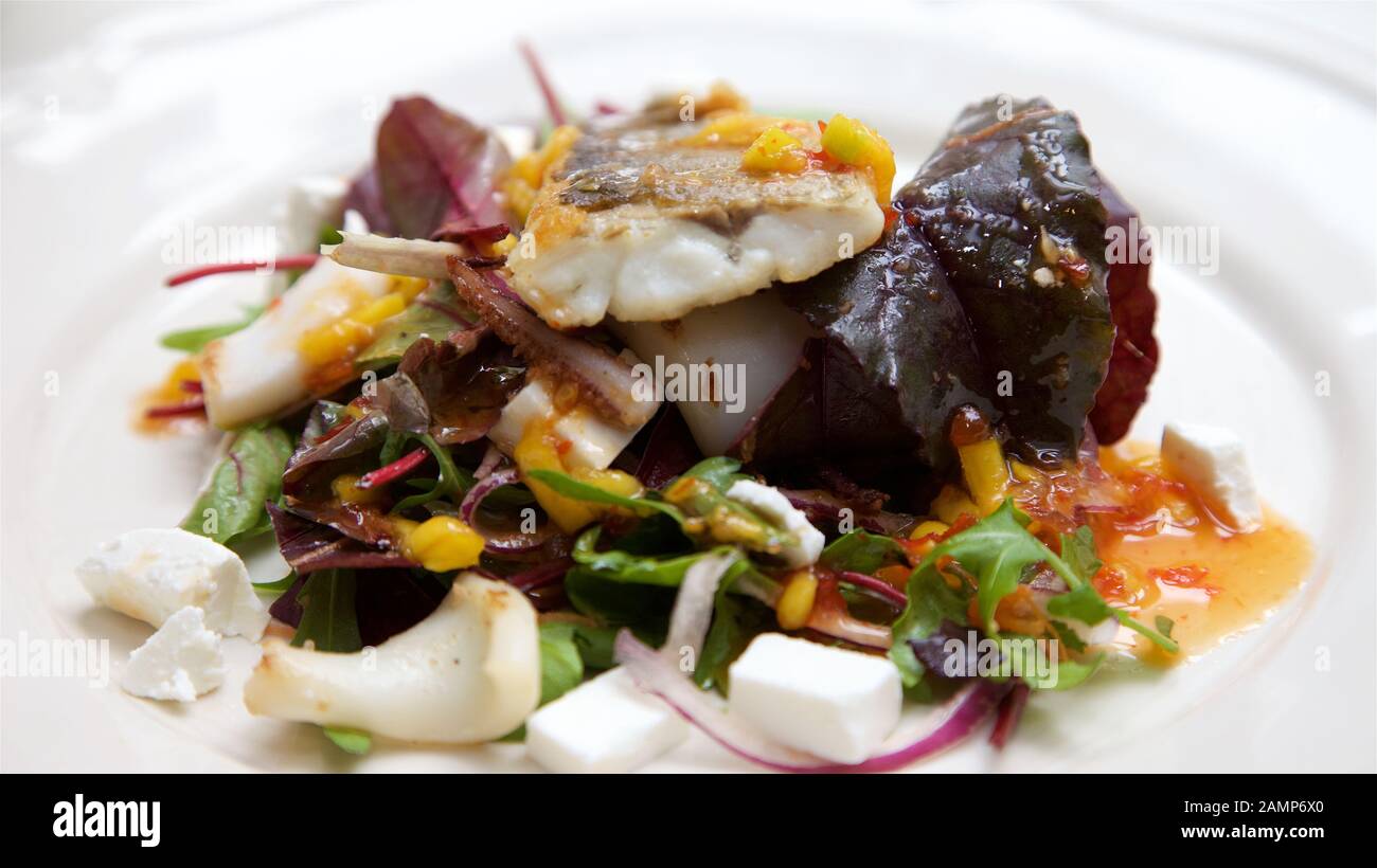 A restaurant main course dish of sea bass and calamari with mixed salad leaves and feta cheese. Stock Photo