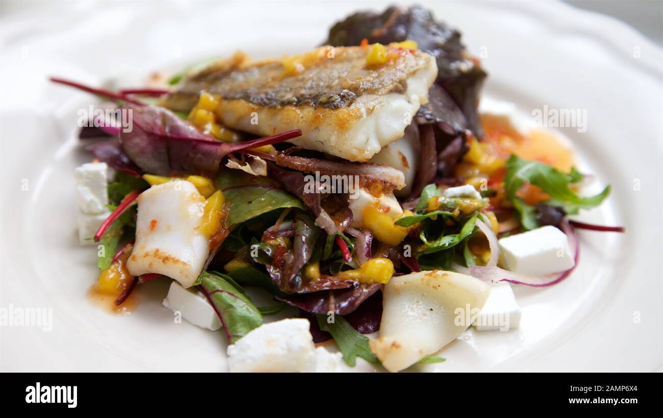 A restaurant main course dish of sea bass and calamari with mixed salad leaves and feta cheese. Stock Photo