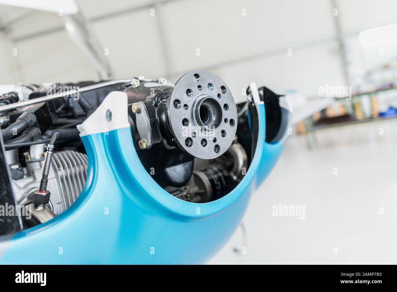 Detail of a small sports aircraft engine shaft. Ultralight aircraft in