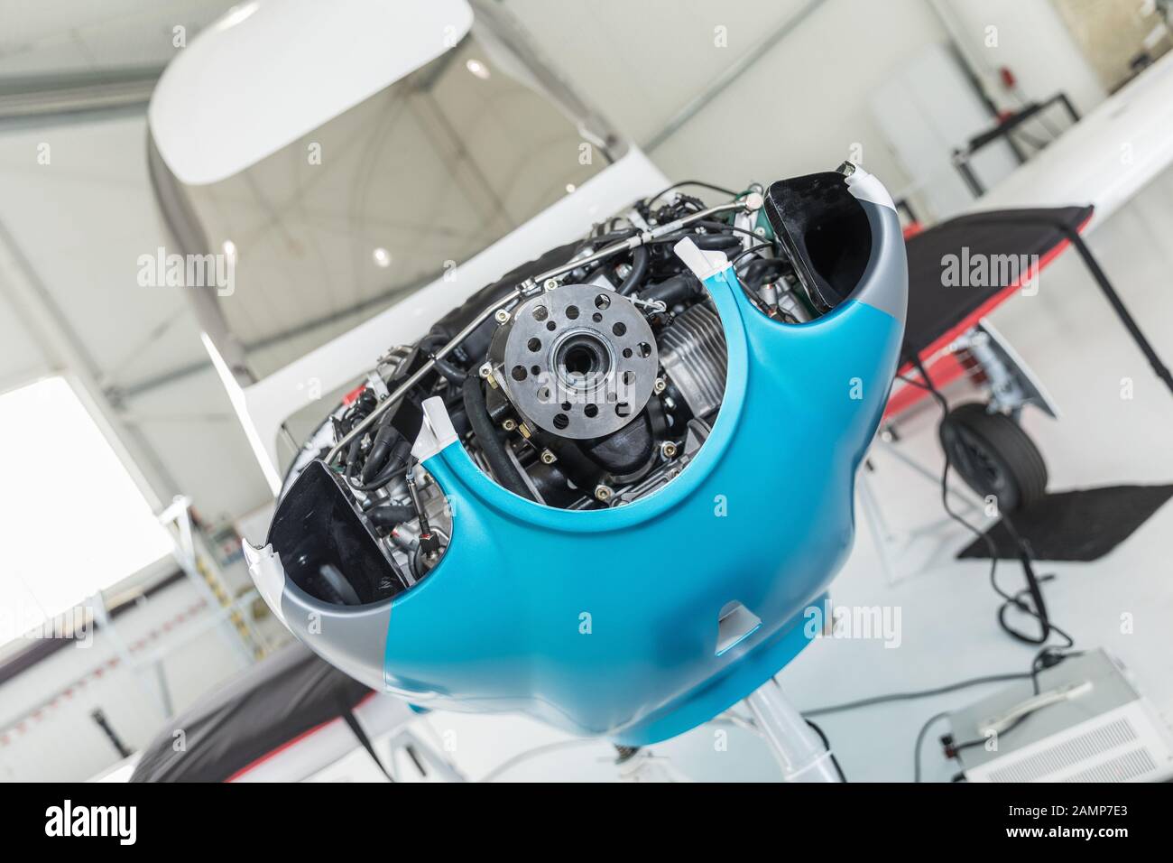 Detail of a small sports aircraft engine shaft. Ultralight aircraft in