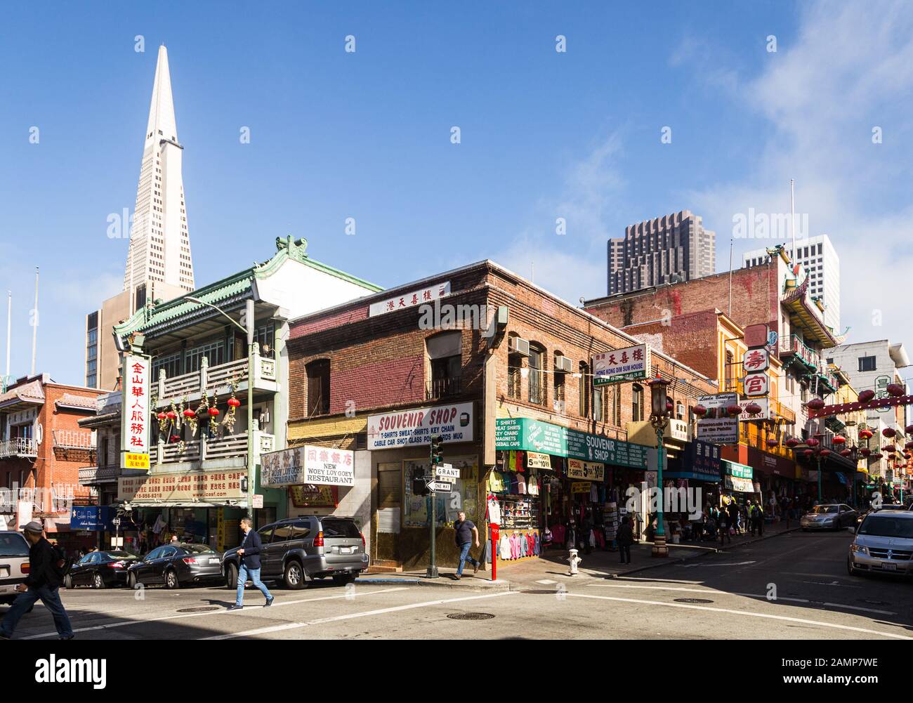 San Francisco - USA - June 4 2019: The famous Transamerica pyramid tower contrasts with low rise buildings in San Francisco Chinatown in the downtown Stock Photo