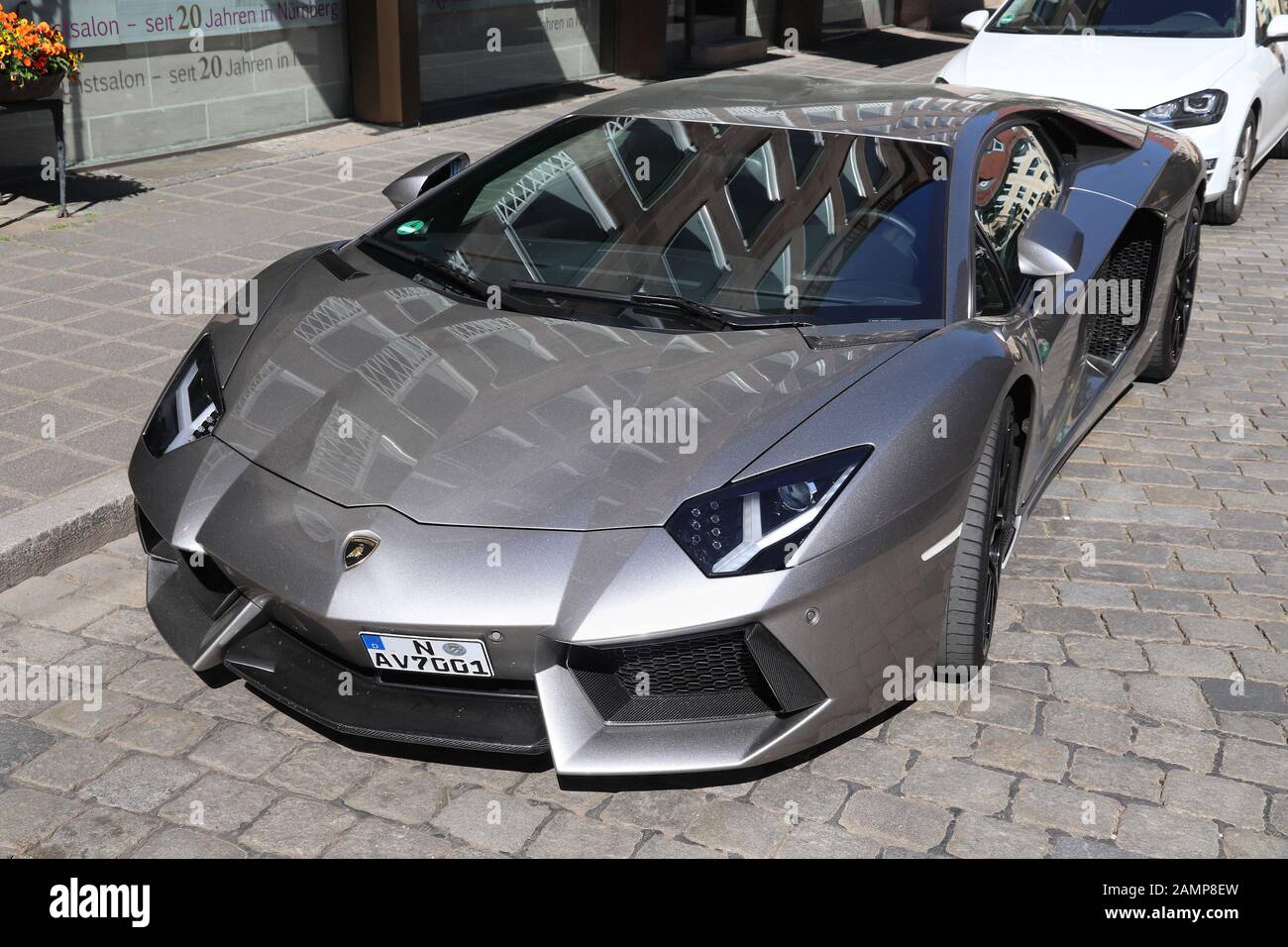 NUREMBERG, GERMANY - MAY 6, 2018: Lamborghini Aventador luxury sports car parked in Germany. The car was designed by Filippo Perini. Stock Photo