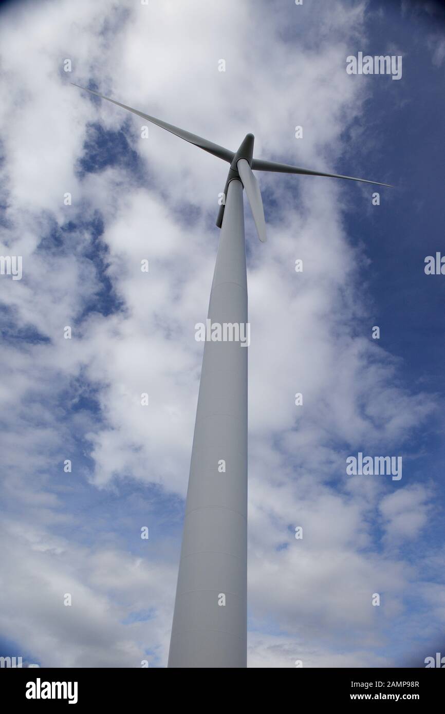 Large wind turbine shot from below. Stock Photo