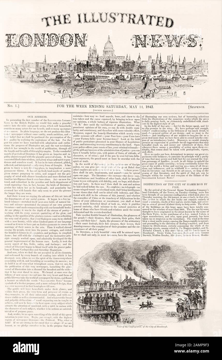 Illustrated London News.  Front page of first issue, dated May 14, 1842.  Fourth reprint.   The news magazine was launched in 1842 and stopped publication in 2003 Stock Photo