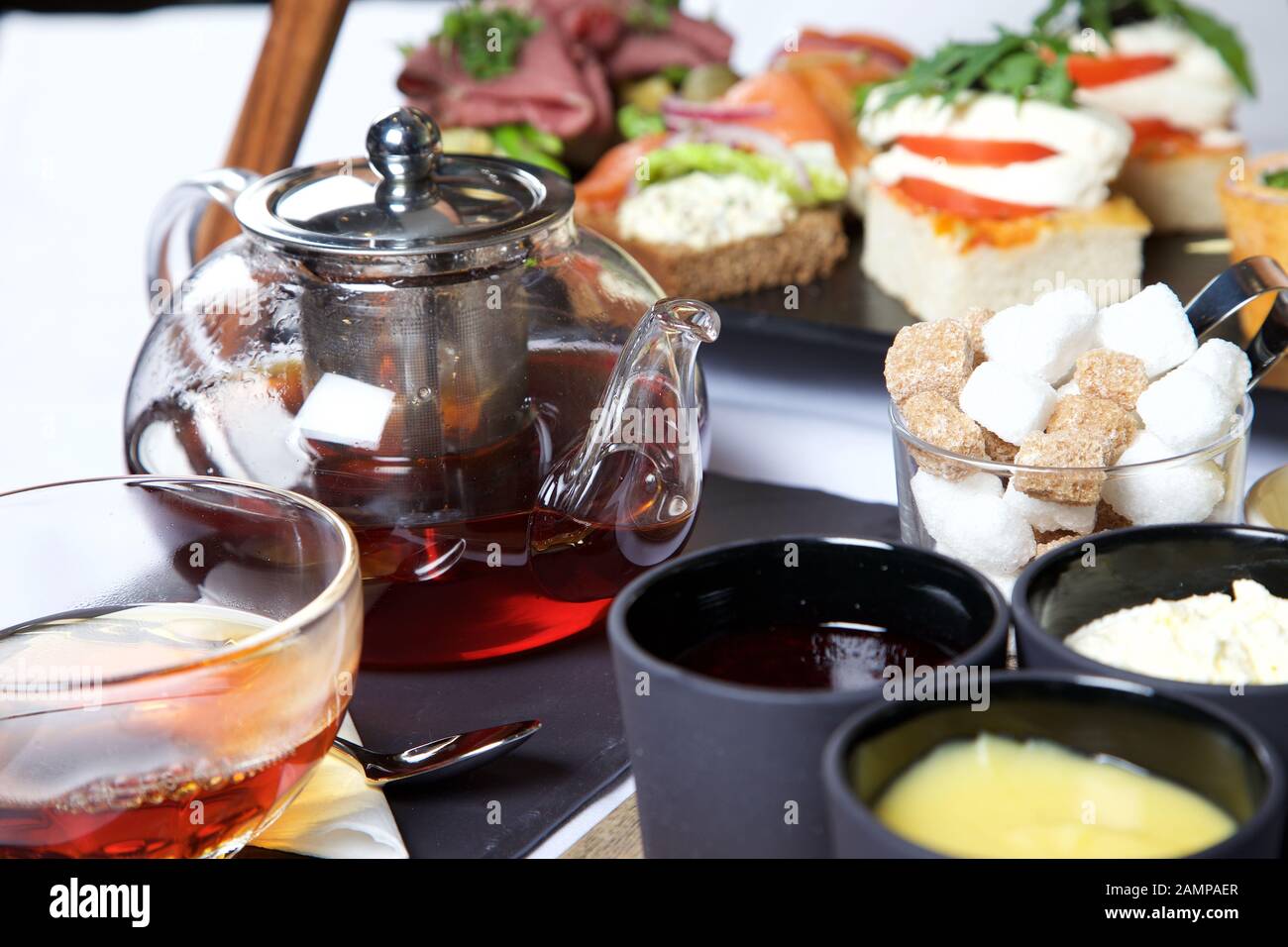 Afternoon tea table setting. Stock Photo