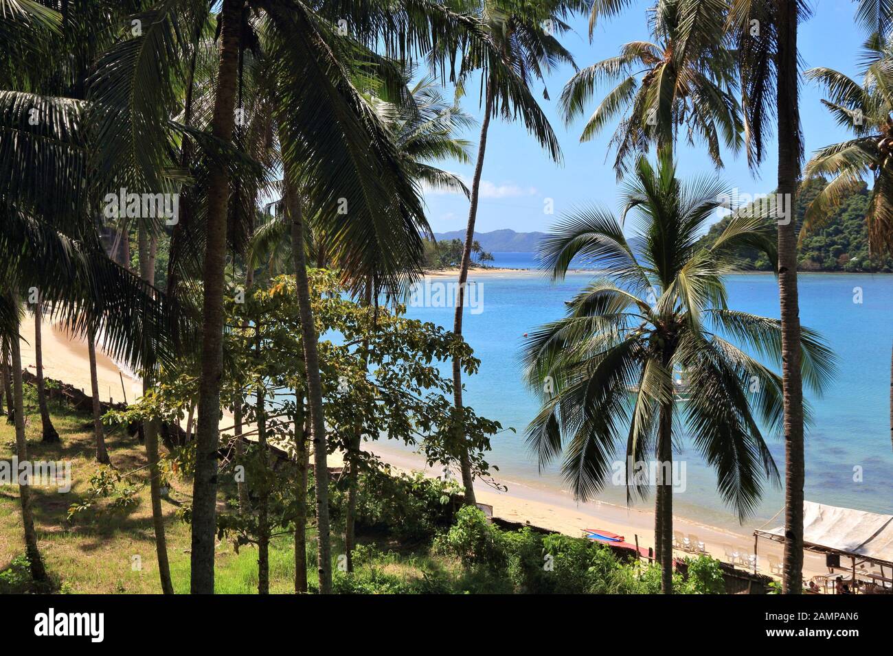 Paradise beach landscape - Las Cabanas beach in El Nido, Palawan island, Philippines. Stock Photo