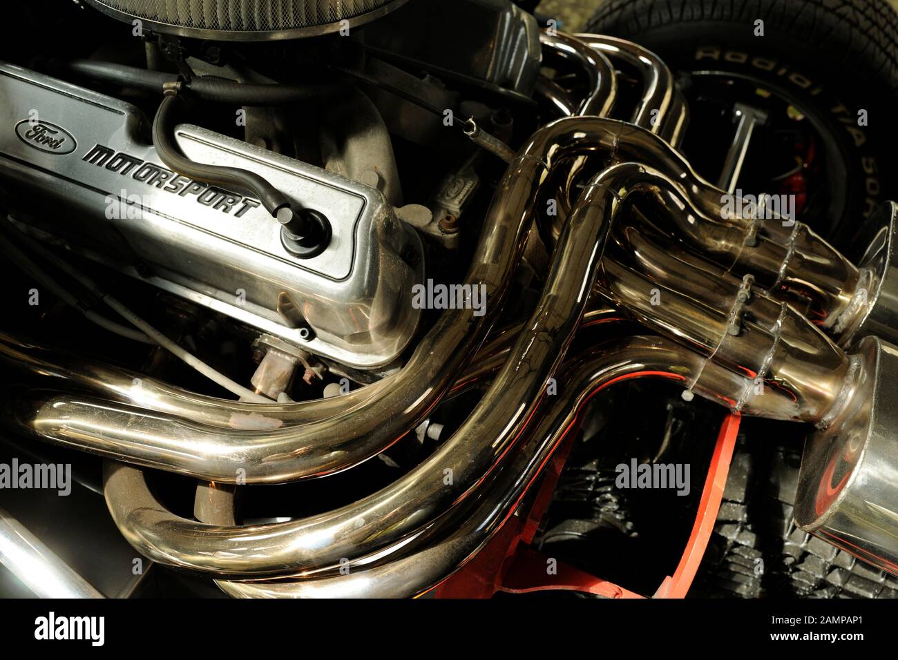 Ford GT40 V8 engine, showing 'nest of snakes' exhaust Stock Photo