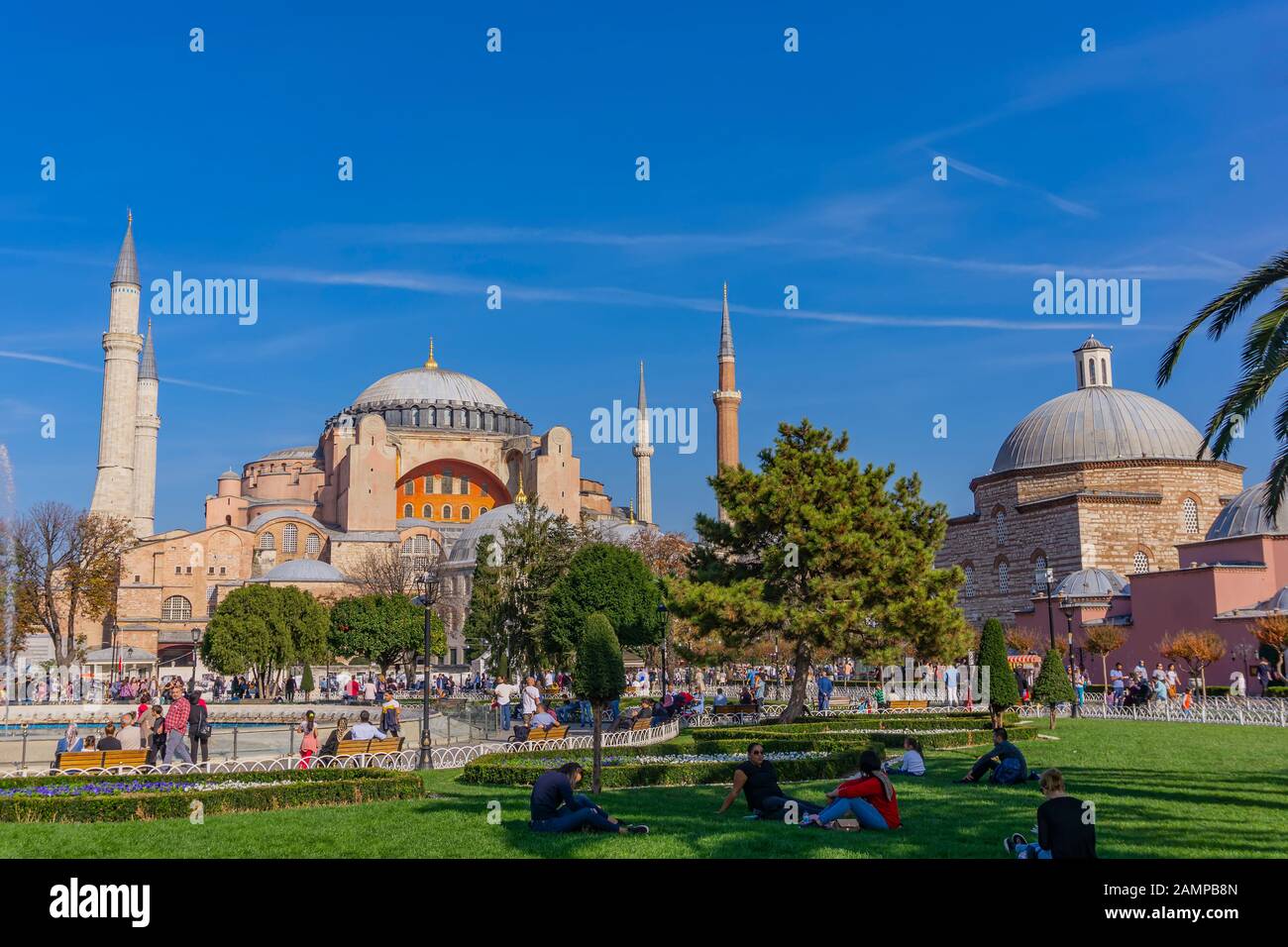 ISTANBUL, TURKEY - NOVEMBER 10, 2019: Unidentified people by Hagia Sophia in Istanbul, Turkey. It is the former Greek Orthodox Christian patriarchal c Stock Photo