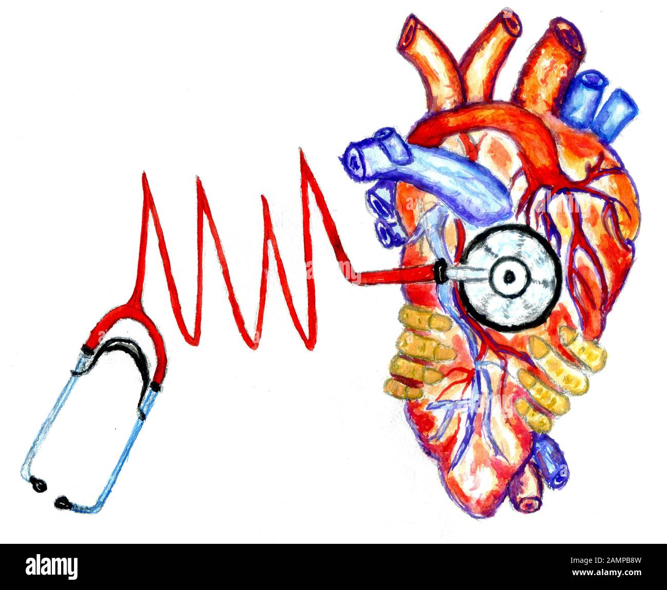 Medicine diagnosis instrument, stethoscope with human heart, hand drawn