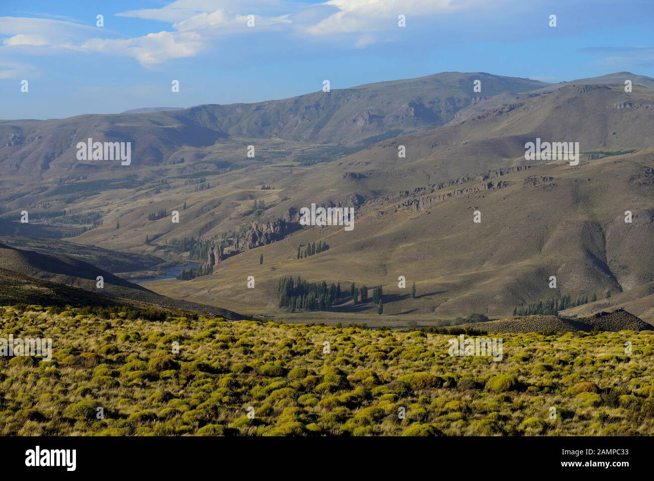 Hilly landscape on the Rio Alumine, Pilolil, Province of Neuquen, Argentina Stock Photo