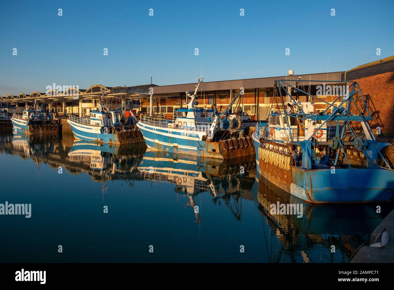 On Quai Gallieni, Dieppe, trawlers are moors quayside on on Quai Gallieni in the Bassin Duquesne Stock Photo