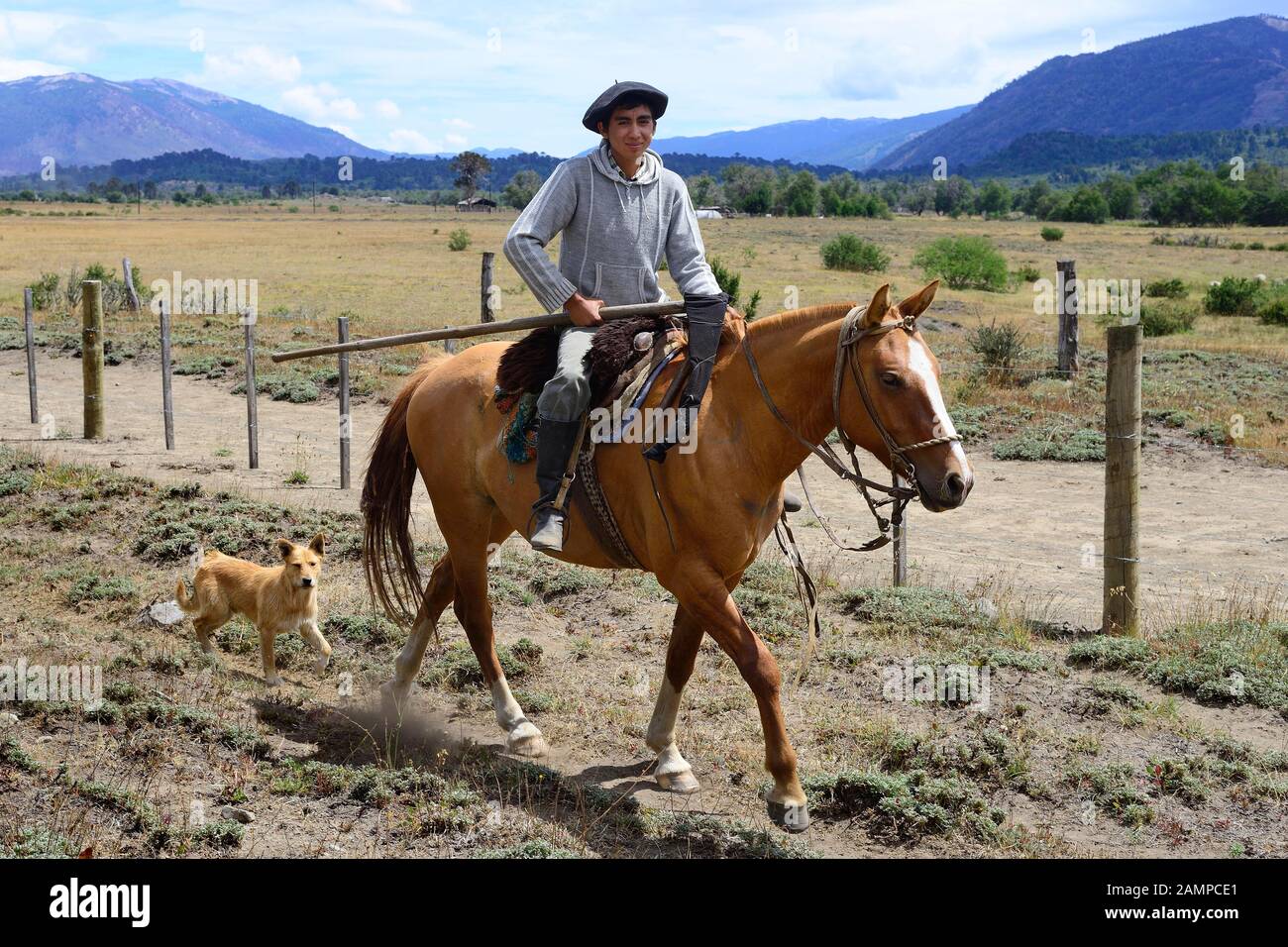 Young Gaucho rides a horse, province of Neuquen, Argentina Stock Photo