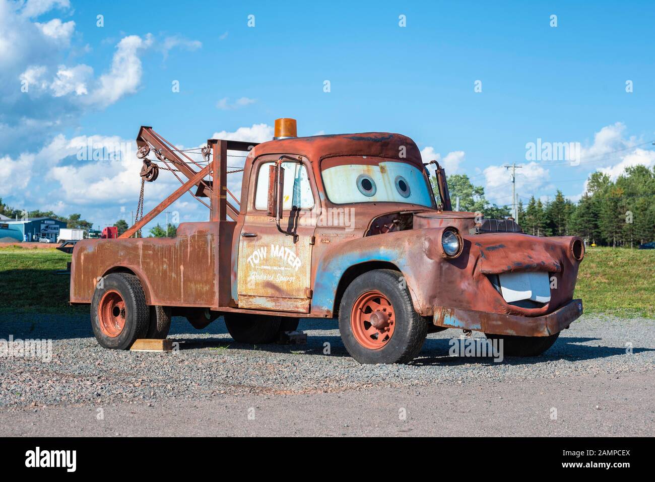 Reproduction of the comic figure Hook or Mater from the animated film Cars, Prince Edward Island, Canada Stock Photo