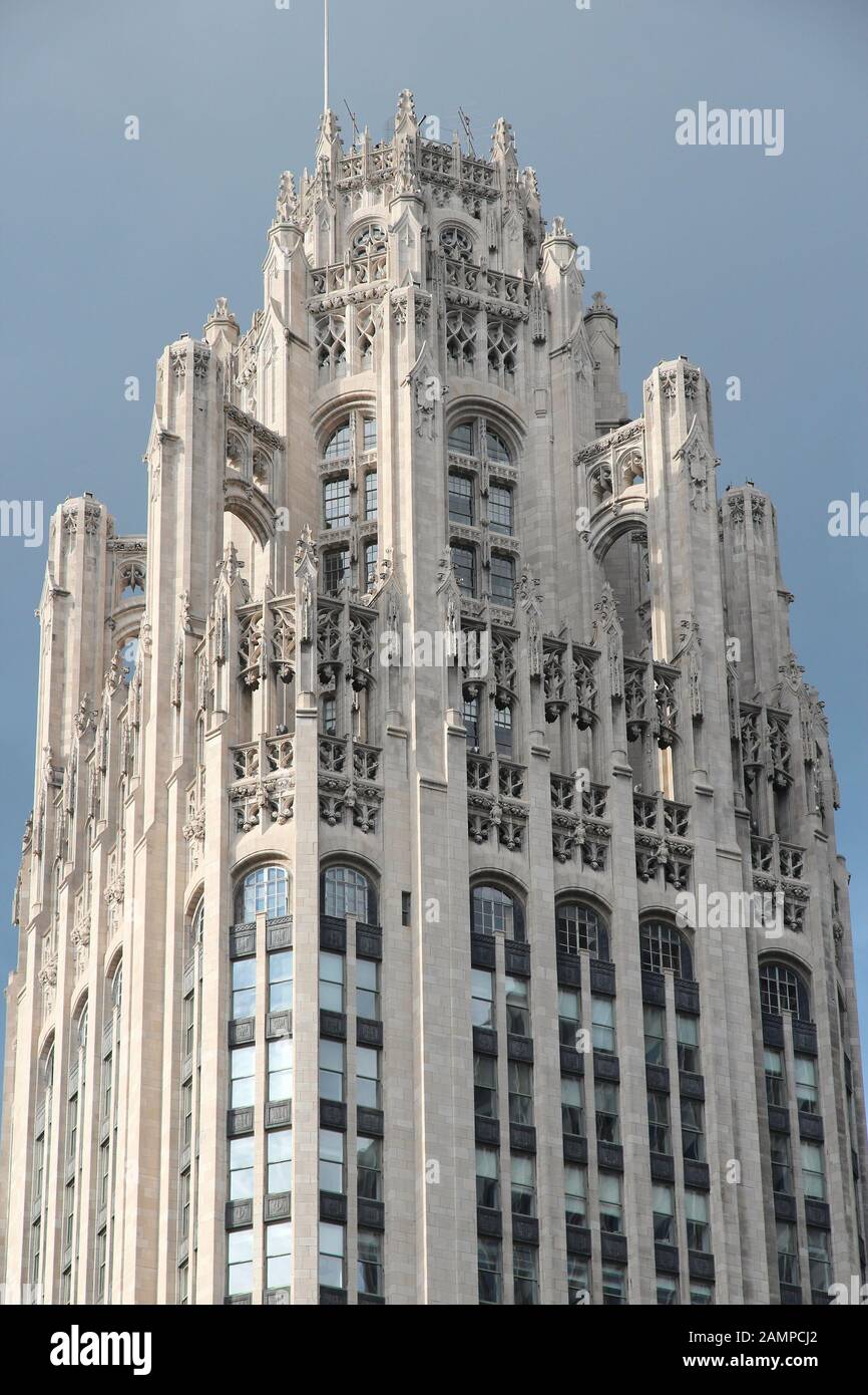 CHICAGO, USA - JUNE 28, 2013: Tribune Tower neo-gothic skyscraper in Chicago. It is 462 ft (141 m) tall and is part of Michigan-Wacker Historic Distri Stock Photo