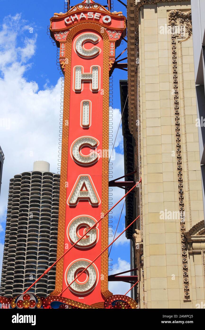 CHICAGO, USA - JUNE 28, 2013: Chicago Theatre sign. Chicago Theatre was founded in 1921 and is a registered Chicago Landmark. Stock Photo