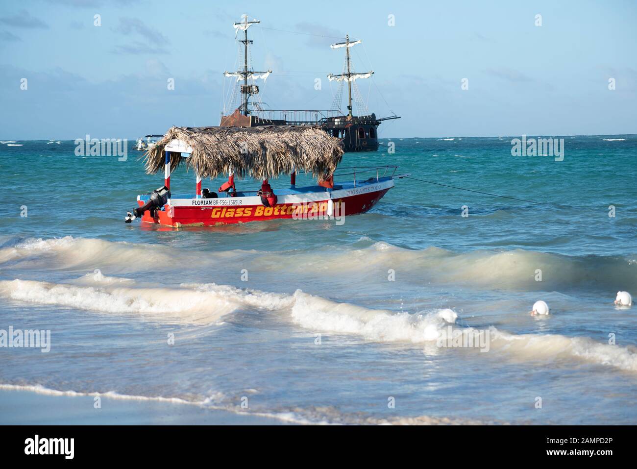 Red glass bottom boat  , Punta Cana; Dominican Republic; Stock Photo