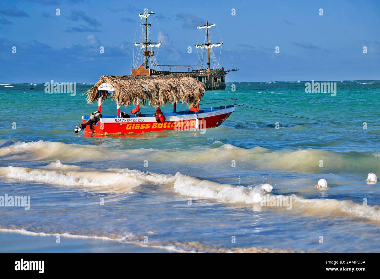 Red glass bottom boat  , Punta Cana; Dominican Republic; Stock Photo