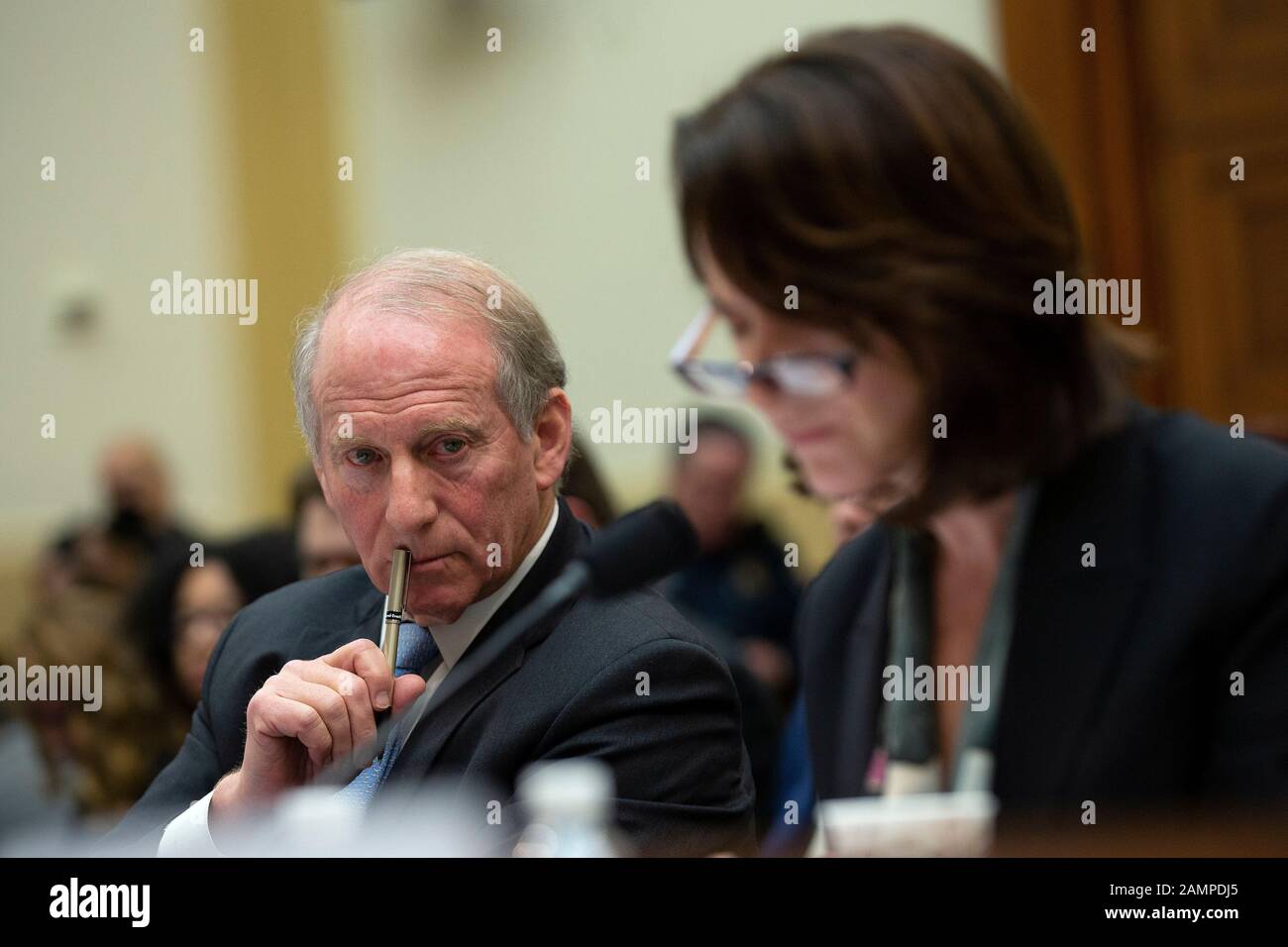 Richard Haass Ph.D., President of the Council on Foreign Relations, Avril Haines, Former Deputy National Security Advisor and Former Deputy Director of the Central Intelligence Agency, and Stephen J. Hadley, Former National Security Advisor, testify before the U.S. House Committee on Foreign Relations at the United States Capitol in Washington, DC, U.S., on Tuesday, January 14, 2020, following a U.S., drone strike that killed Iranian military leader Qasem Soleimani on January 3, 2020. United States Secretary of State Mike Pompeo, who was supposed to be the key witness appearing before the co Stock Photo