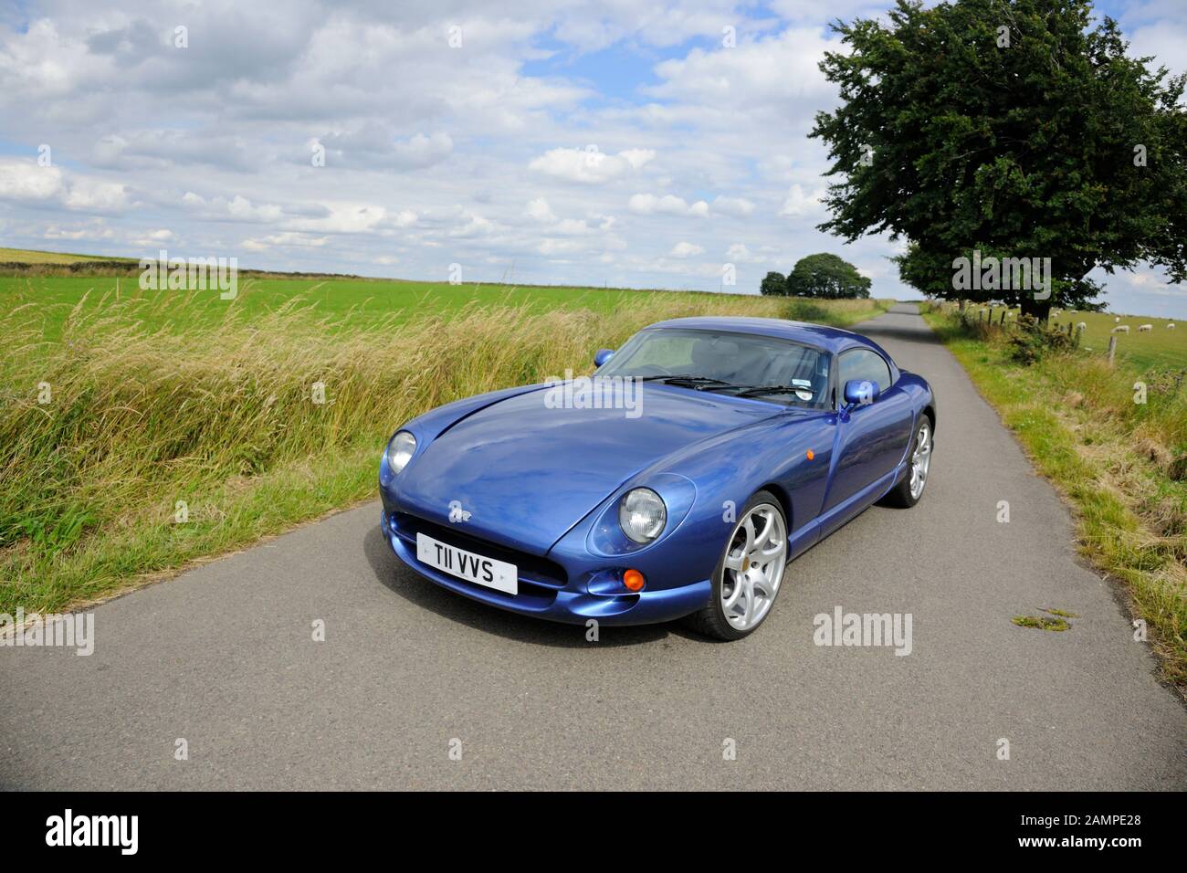 British TVR Cerbera muscle car parked on a country lane next to a field on a summer's day Stock Photo