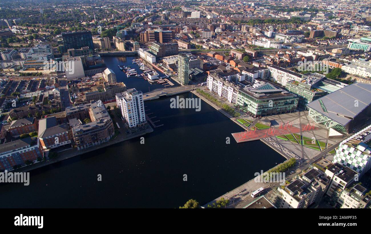 Drone aerial shot of the Grand Canal Dock ares in Dublin city, Ireland. Stock Photo
