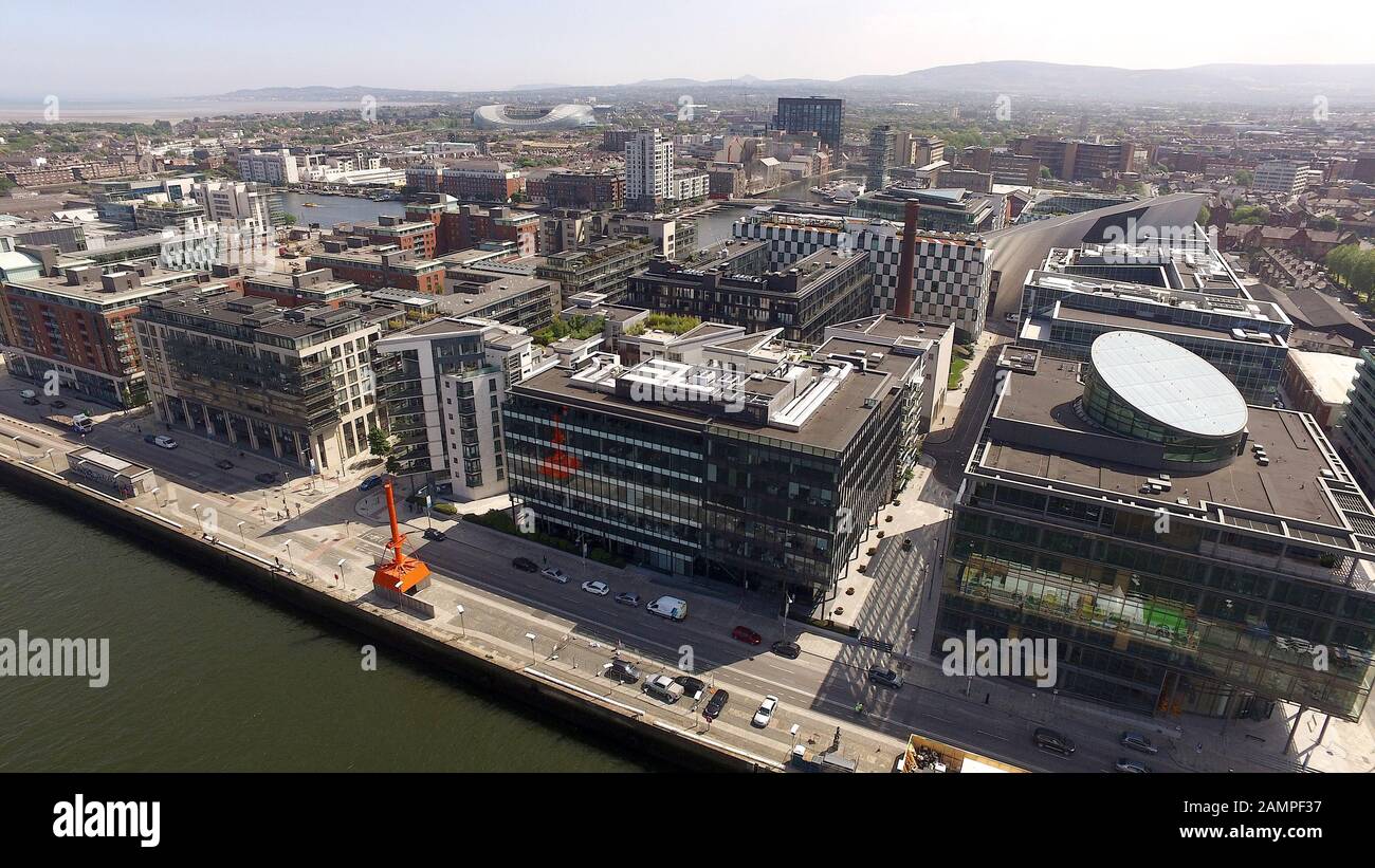 Aerial drone view of Sir John Rogerson's Quay on the banks of the River Liffey in dublin, Ireland. Stock Photo