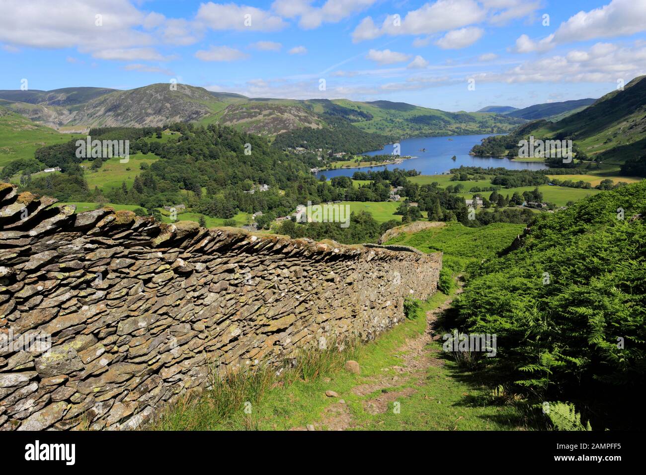 View to Ullswater over Glenridding village, Lake District National Park, Cumbria, England, UK Stock Photo