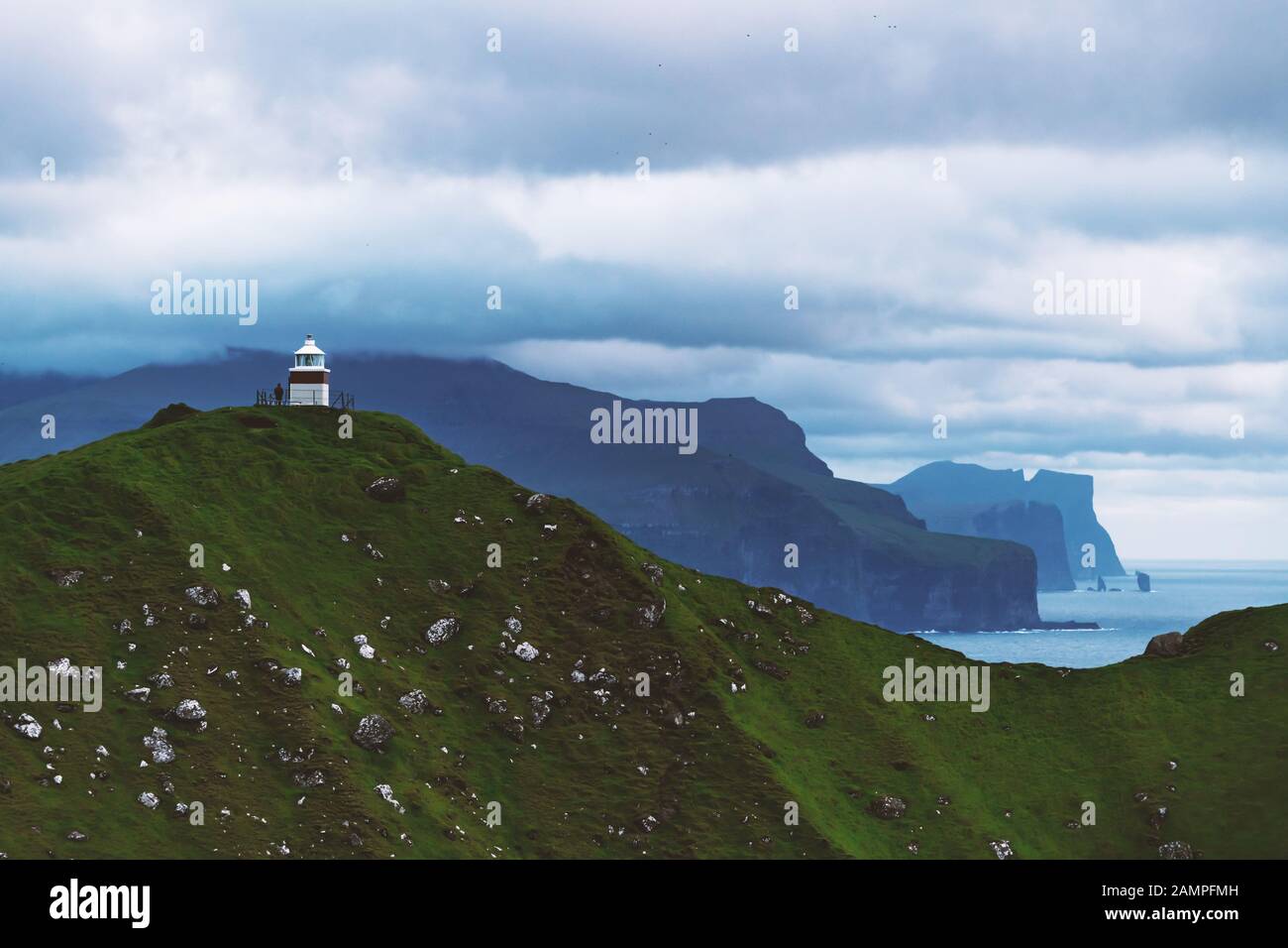Panorama with Kallur lighthouse on green hills of Kalsoy island, Faroe islands, Denmark. Landscape photography Stock Photo