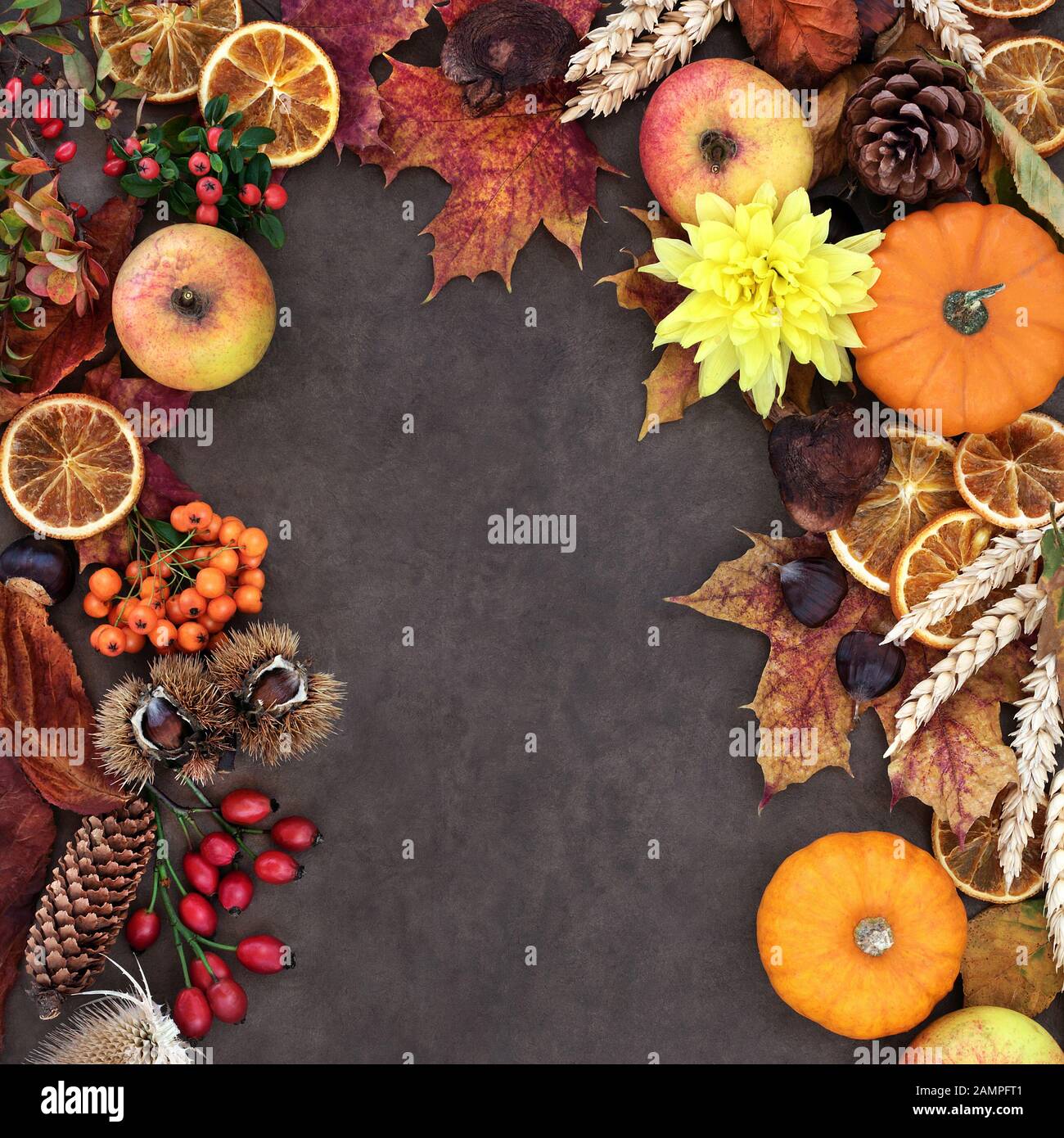 Autumn background border with food, flowers and leaves on lokta background. Harvest festival theme. Top view. Stock Photo