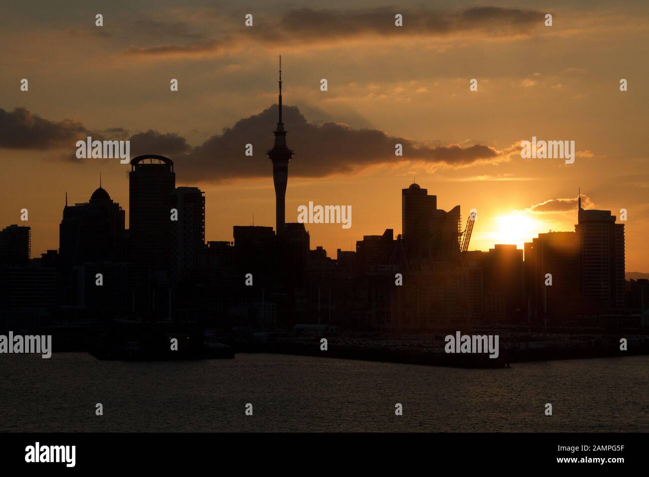 Silhouette of the Auckland, New Zealand skyline at sunset. Stock Photo