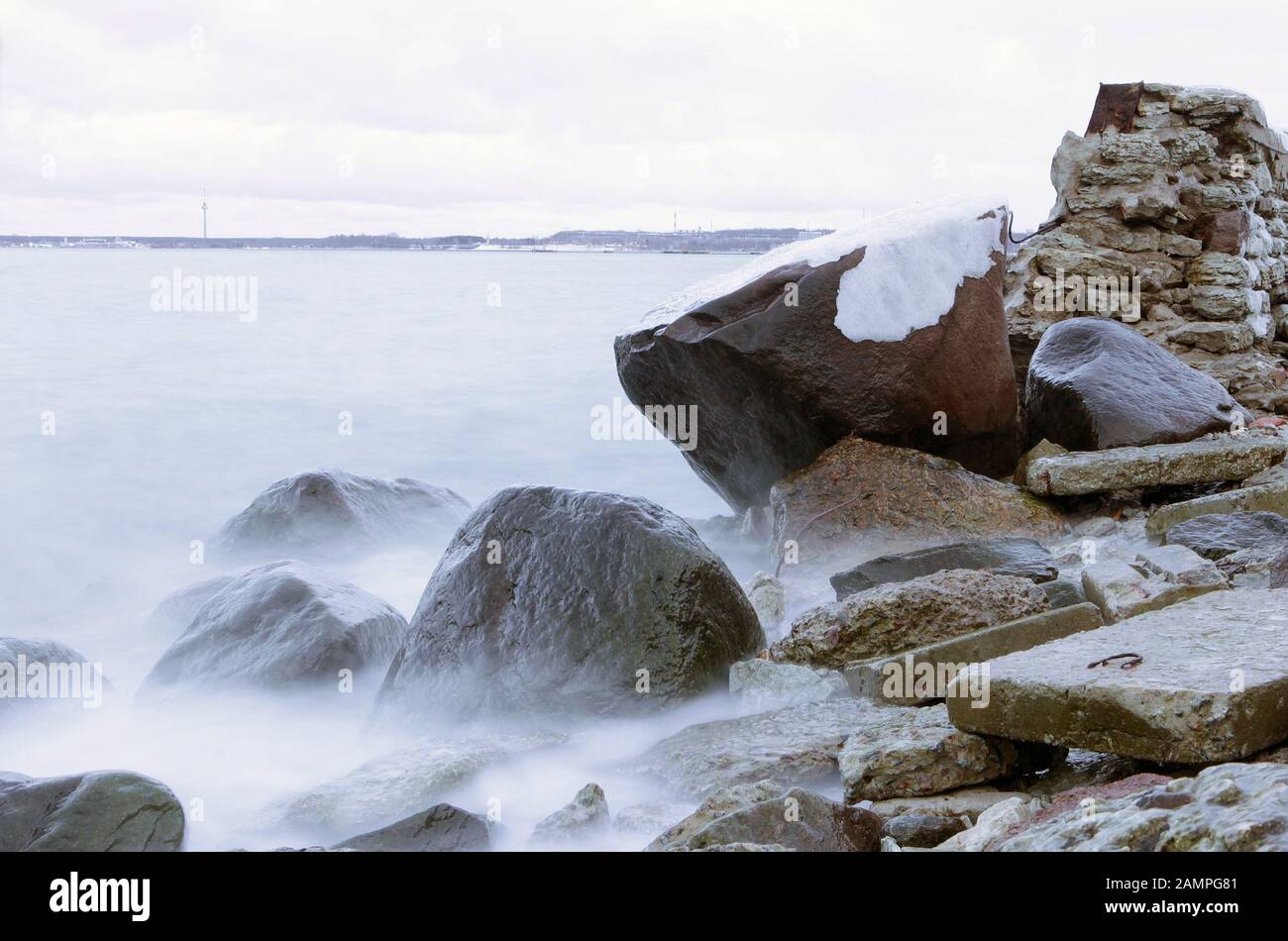 Cold sea water wawes at winter time Stock Photo