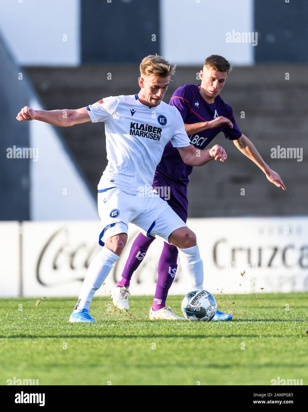 Alexander Groiss (KSC) in duels with Maxime Dominguez (FC Lausanne). GES/Football/2nd Bundesliga: Karlsruher SC - training camp, test game KSC - FC Lausanne-Sport, 14.01.2020 Football/Soccer: 2nd Bundesliga: KSC training camp, test match KSC - FC Lausanne-Sport, Karlsruhe, January 14, 2020 | usage worldwide Stock Photo