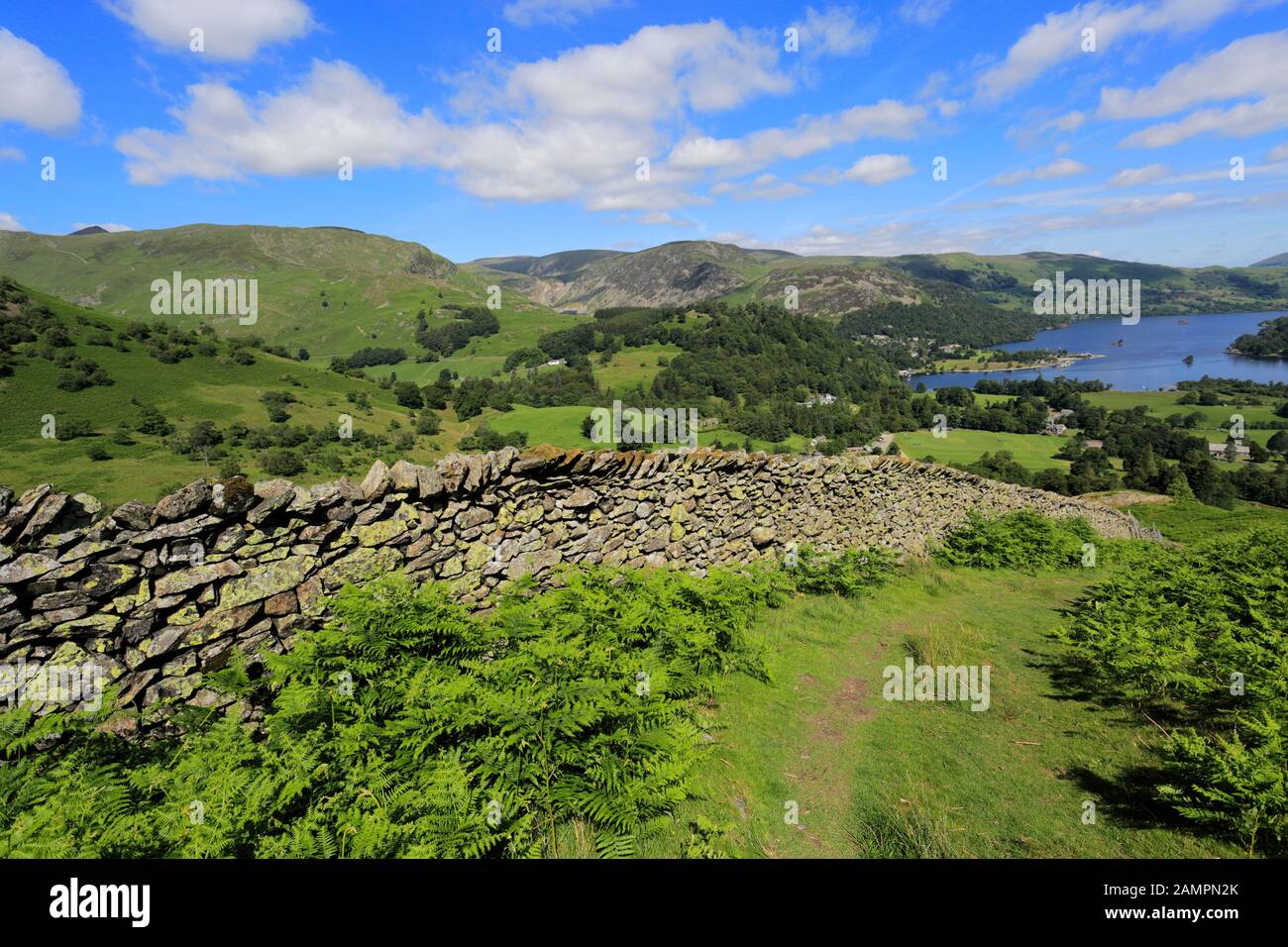View to Ullswater over Glenridding village, Lake District National Park, Cumbria, England, UK Stock Photo