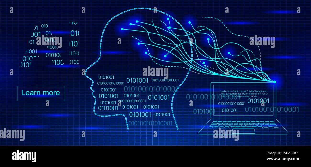 Artificial Intelligence digital technology concept vector for website. Laptop connecting to machine intelligence or human brain using electric impulse Stock Vector
